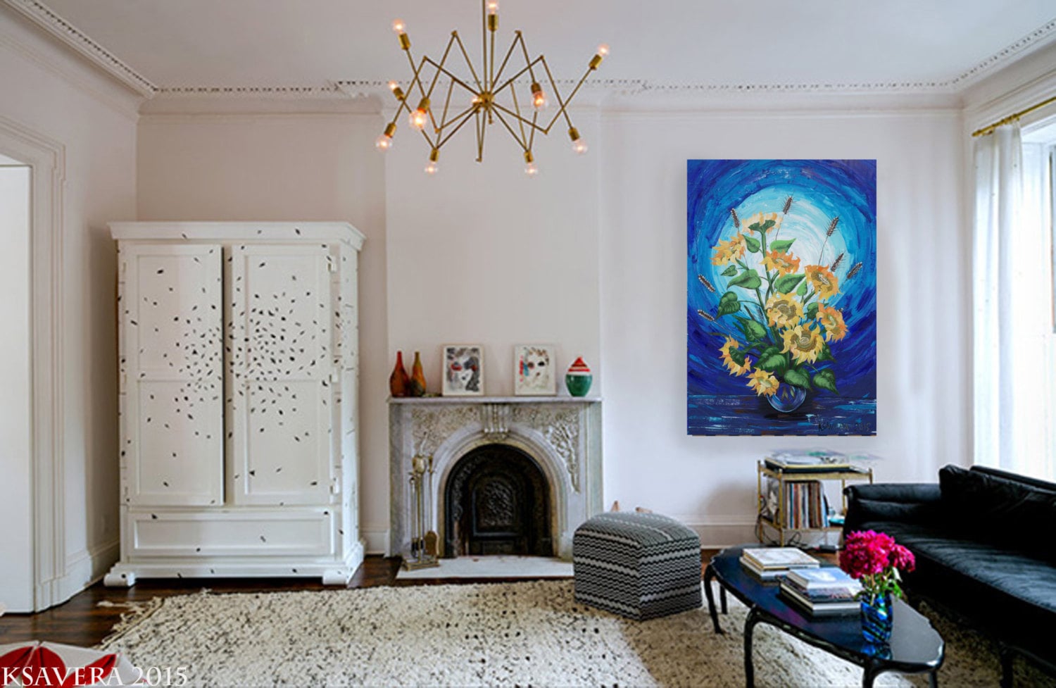 Sunflowers B047 is a large-scale still life blue impasto palette knife Original Acrylic Painting on unstretched canvas by artist Ksavera.