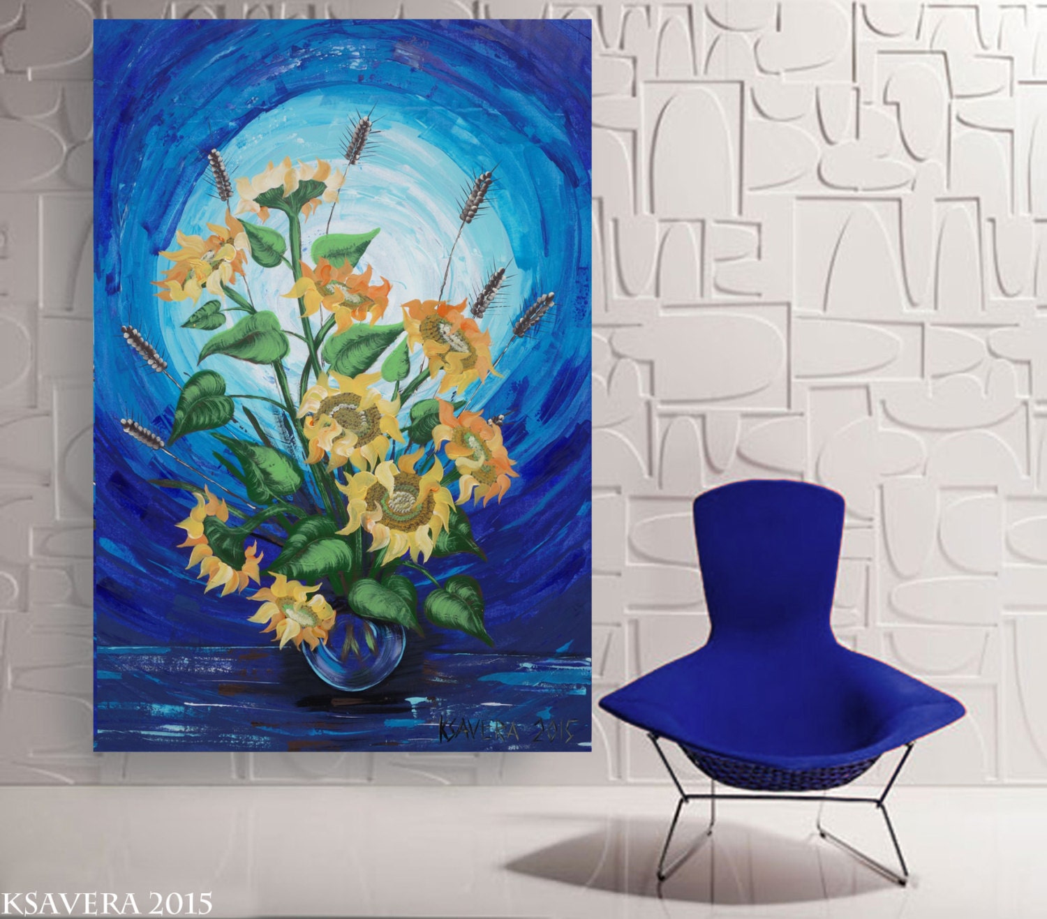 Sunflowers B047 is a large-scale still life blue impasto palette knife Original Acrylic Painting on unstretched canvas by artist Ksavera.