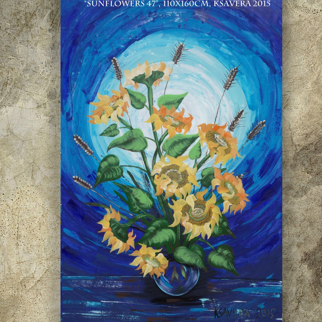 Sunflowers B047 is a large-scale still life blue impasto palette knife Original Acrylic Painting on unstretched canvas by artist Ksavera.