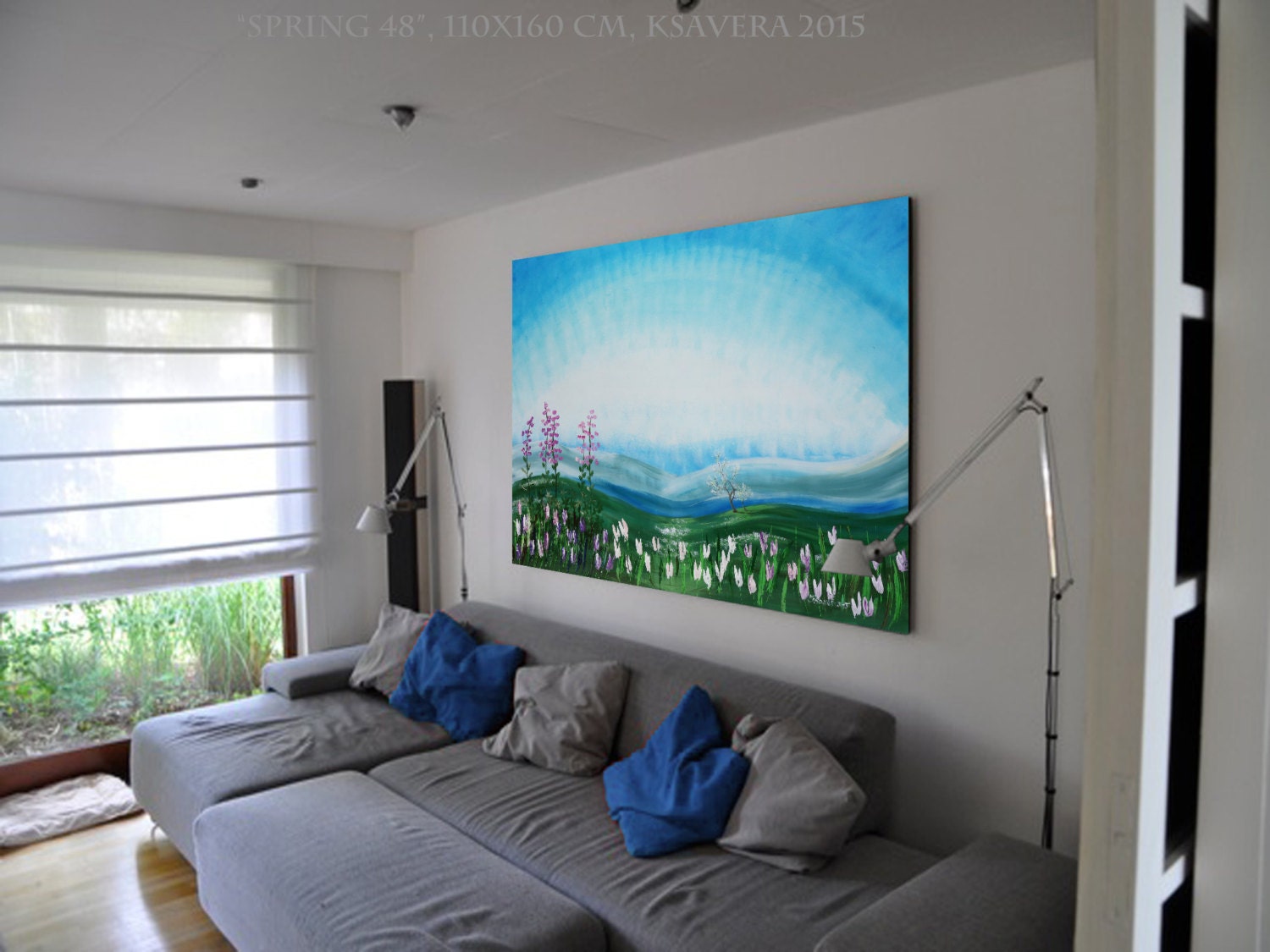 Spring B048 is a large-scale blue floral landscape Original Acrylic Painting on unstretched canvas by artist Ksavera.