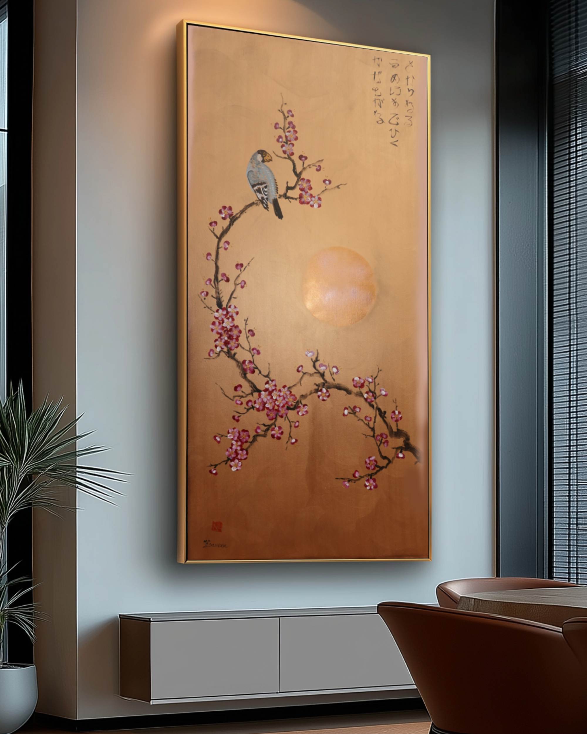 Bird and Sakura J429 is a large Japanese bronze Original Acrylic Painting on unstretched canvas by artist Ksavera.