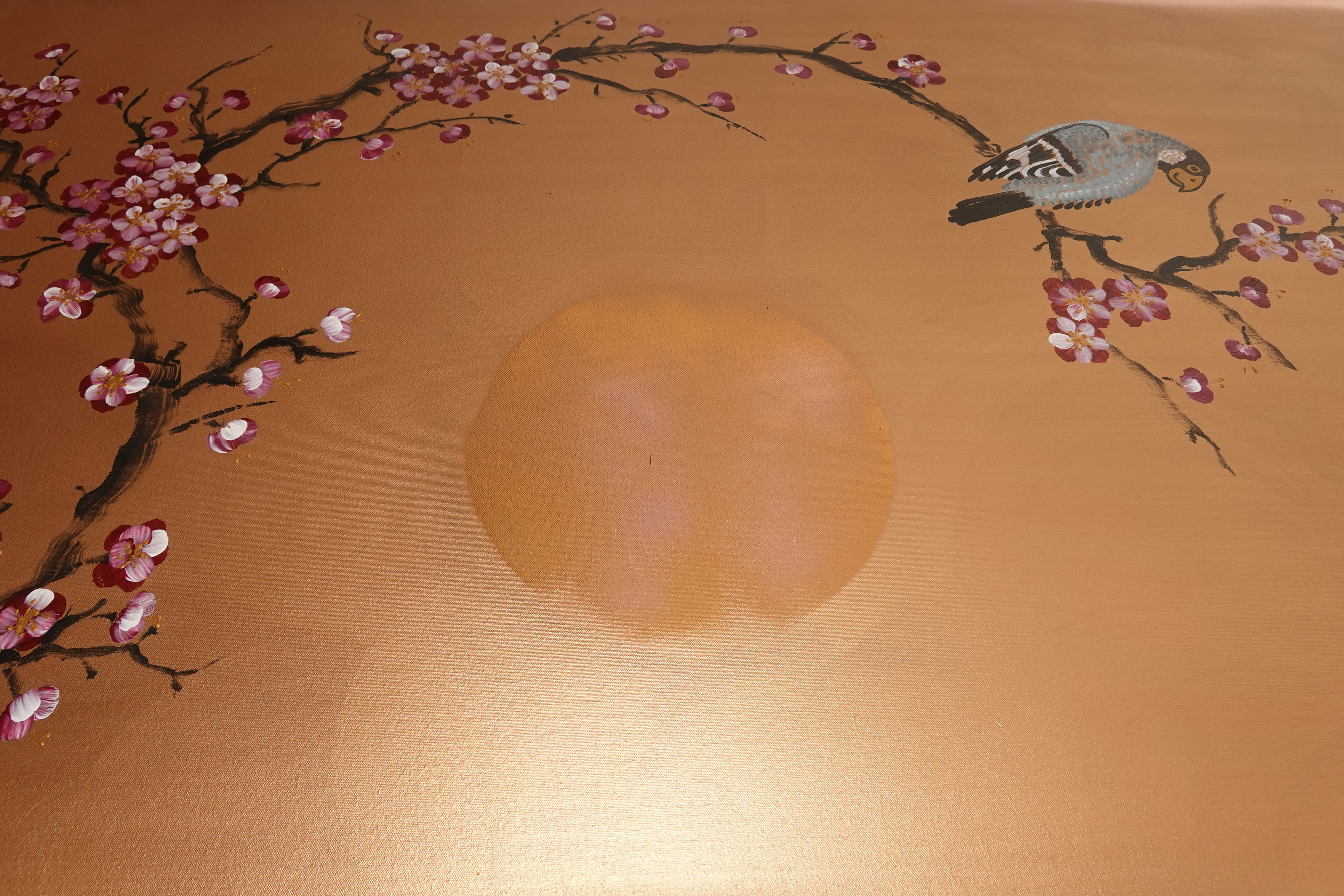 Bird and Sakura J429 is a large Japanese bronze Original Acrylic Painting on unstretched canvas by artist Ksavera.