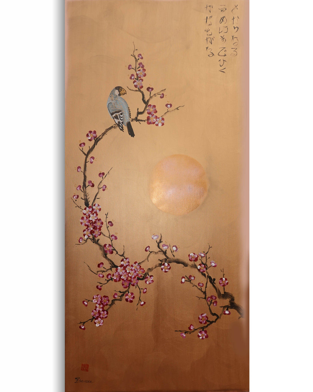 Bird and Sakura J429 is a large Japanese bronze Original Acrylic Painting on unstretched canvas by artist Ksavera.