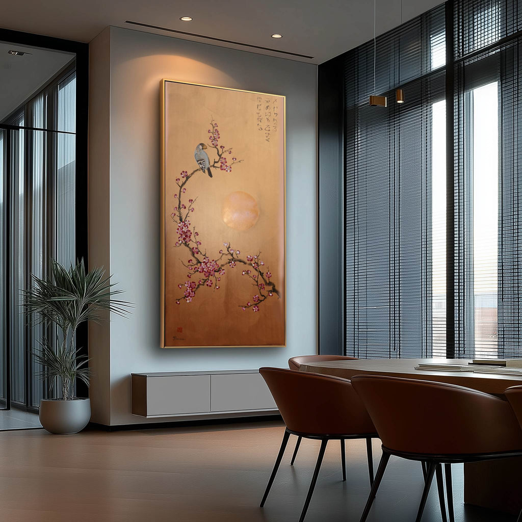 Bird and Sakura J429 is a large Japanese bronze Original Acrylic Painting on unstretched canvas by artist Ksavera.