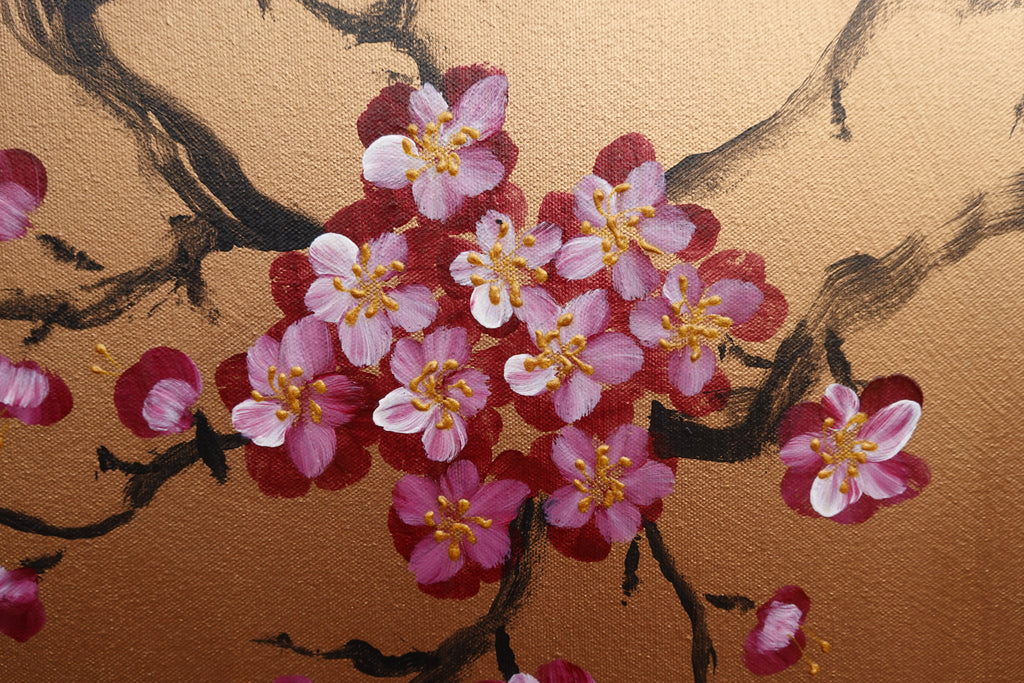 Bird and Sakura J429 is a large Japanese bronze Original Acrylic Painting on unstretched canvas by artist Ksavera.
