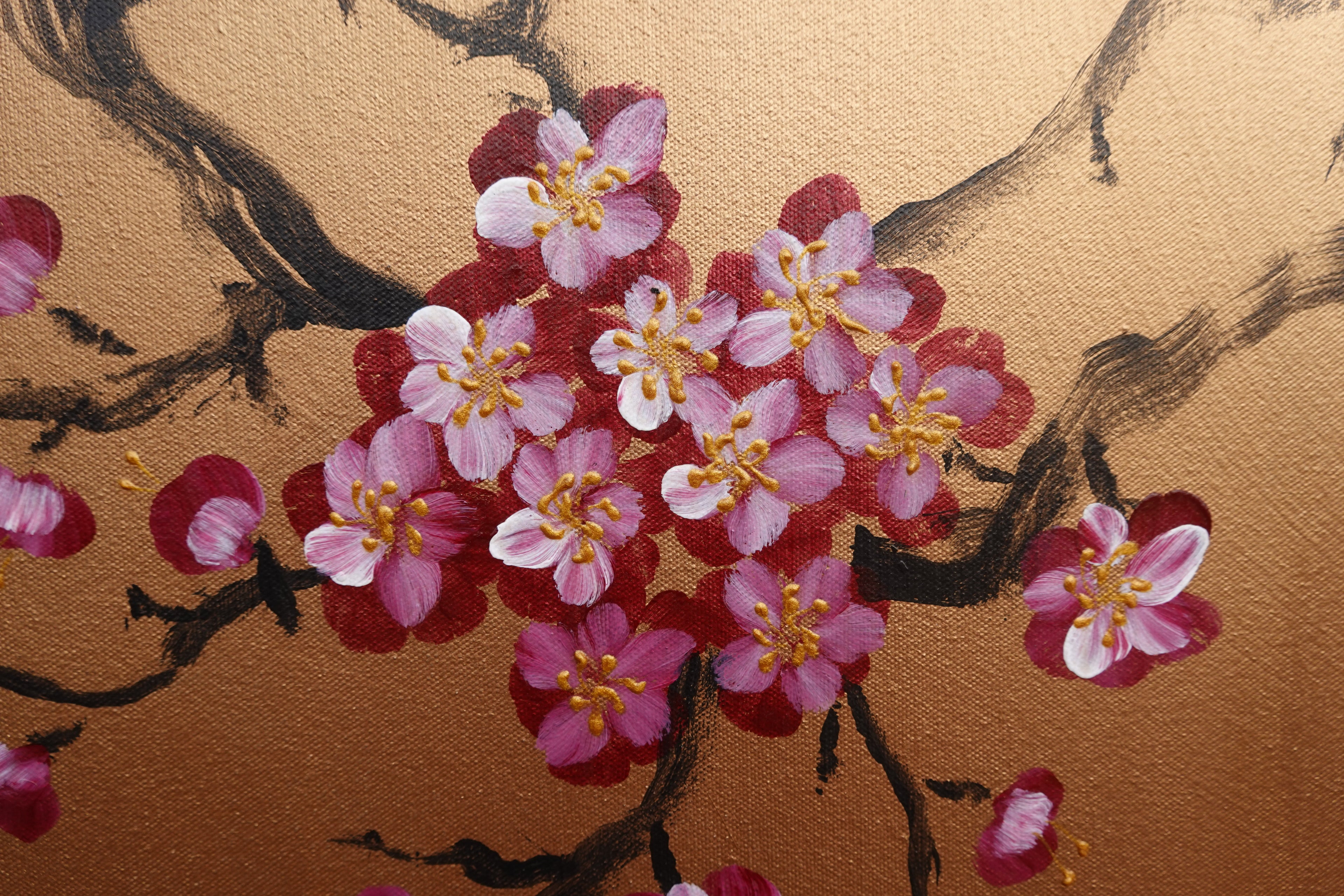 Bird and Sakura J429 is a large Japanese bronze Original Acrylic Painting on unstretched canvas by artist Ksavera.