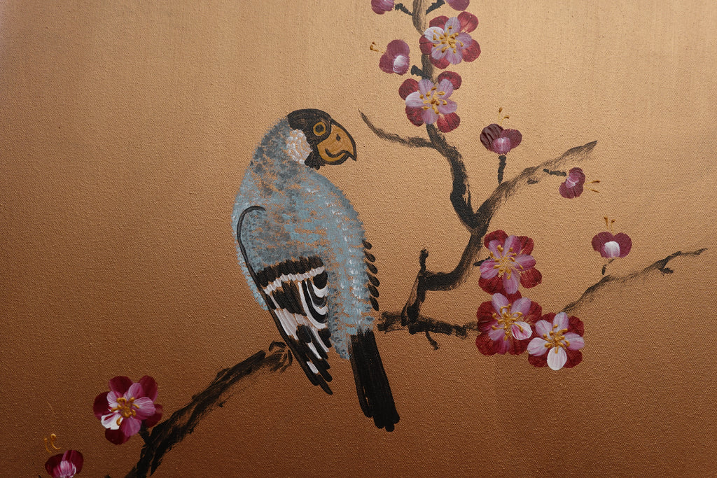 Bird and Sakura J429 is a large Japanese bronze Original Acrylic Painting on unstretched canvas by artist Ksavera.