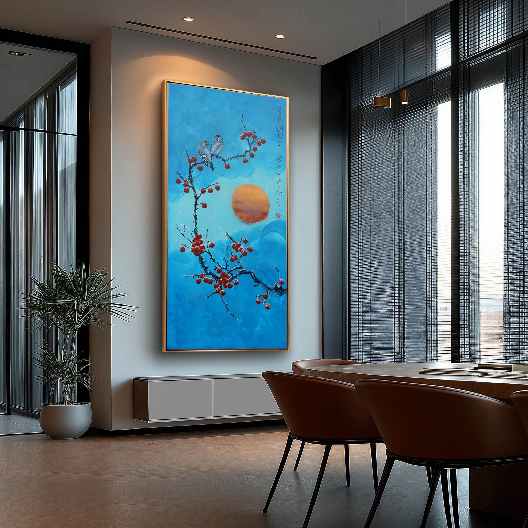 Bird and Sakura J433 is a large Japanese pearlescent turquoise Original Acrylic Painting on unstretched canvas by artist Ksavera.