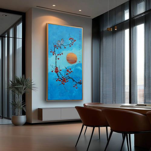 Bird and Sakura J433 is a large Japanese pearlescent turquoise Original Acrylic Painting on unstretched canvas by artist Ksavera.