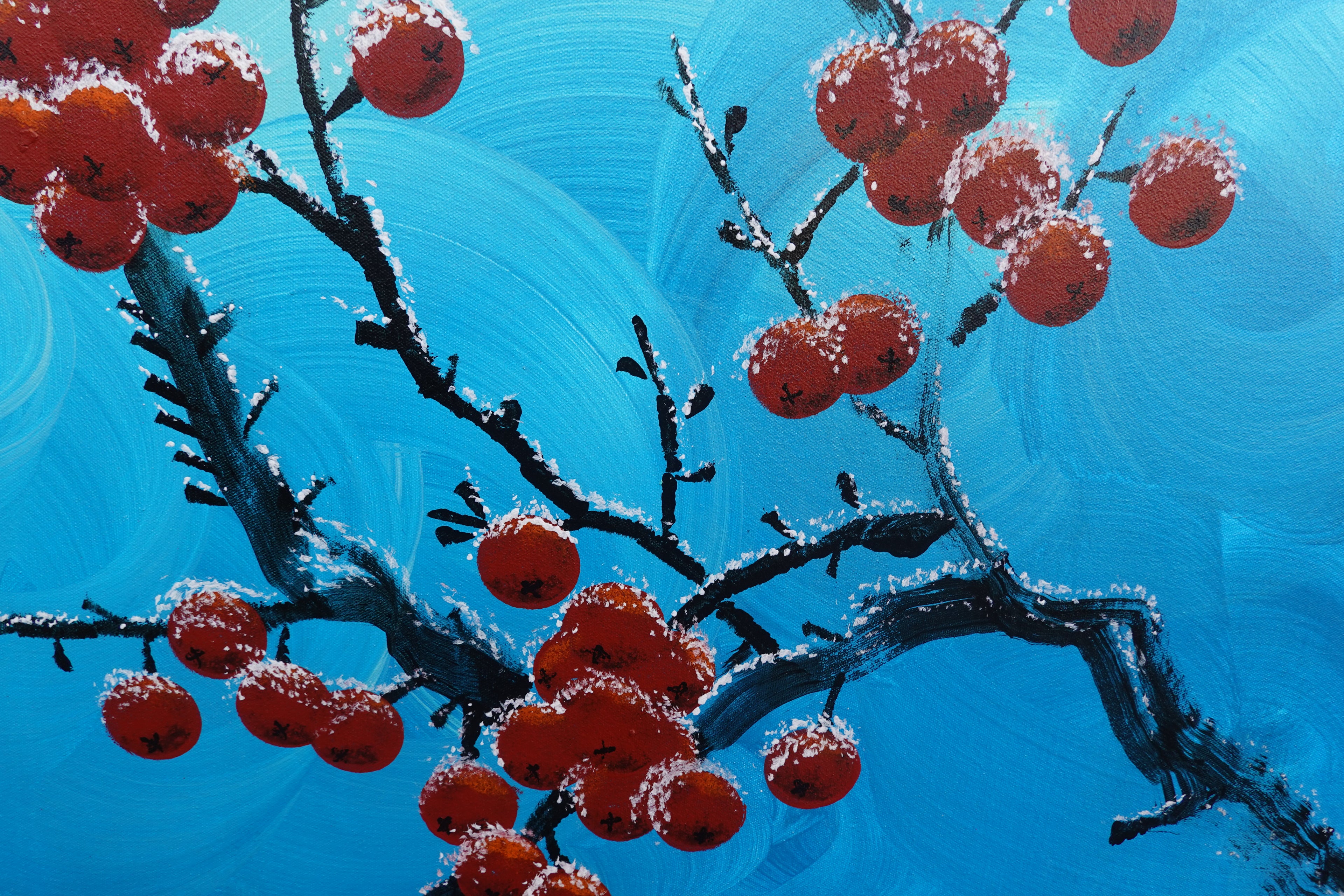 Bird and Sakura J433 is a large Japanese pearlescent turquoise Original Acrylic Painting on unstretched canvas by artist Ksavera.