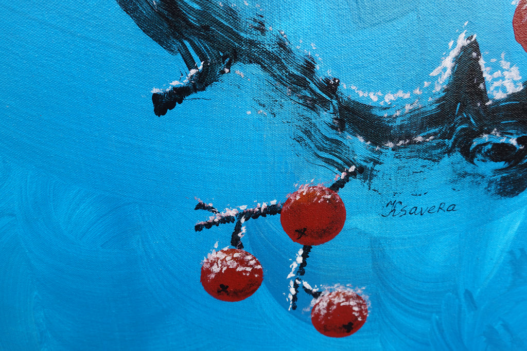 Bird and Sakura J433 is a large Japanese pearlescent turquoise Original Acrylic Painting on unstretched canvas by artist Ksavera.