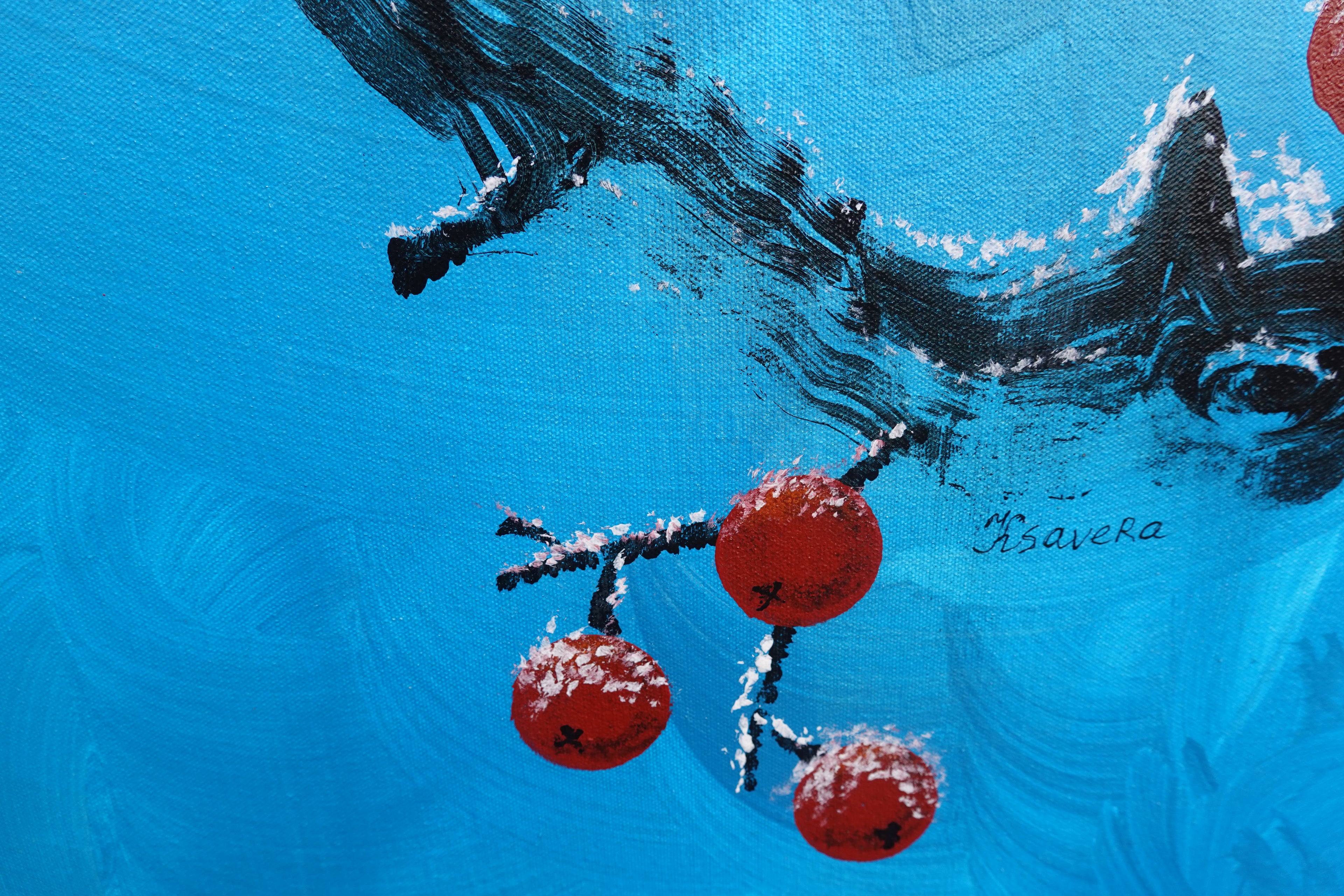 Bird and Sakura J433 is a large Japanese pearlescent turquoise Original Acrylic Painting on unstretched canvas by artist Ksavera.