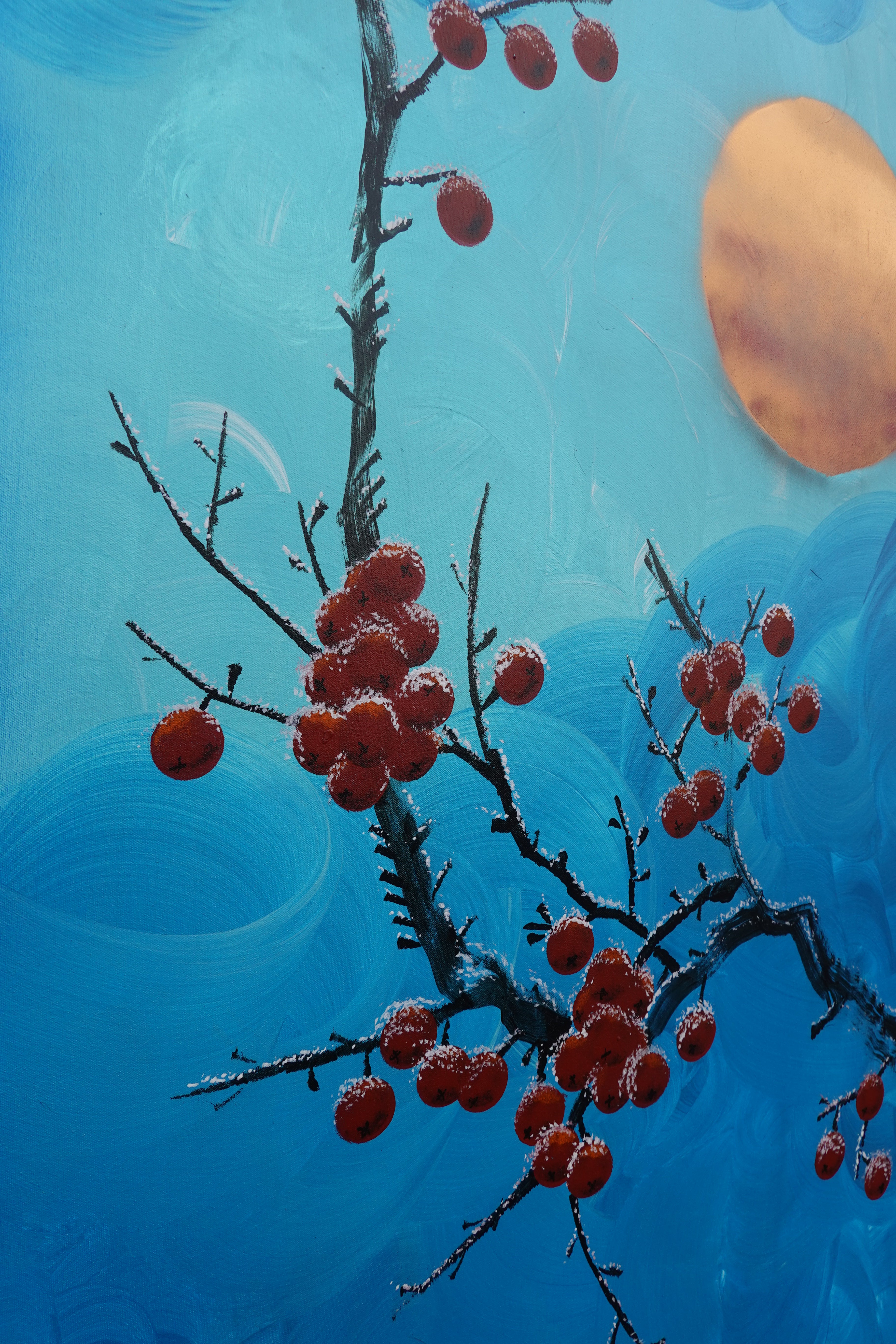 Bird and Sakura J433 is a large Japanese pearlescent turquoise Original Acrylic Painting on unstretched canvas by artist Ksavera.