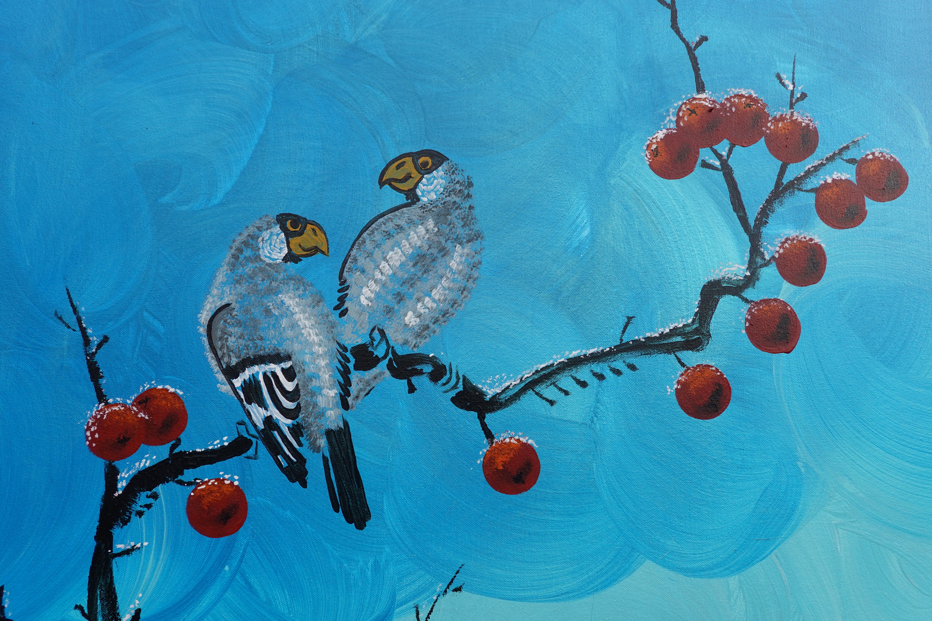 Bird and Sakura J433 is a large Japanese pearlescent turquoise Original Acrylic Painting on unstretched canvas by artist Ksavera.