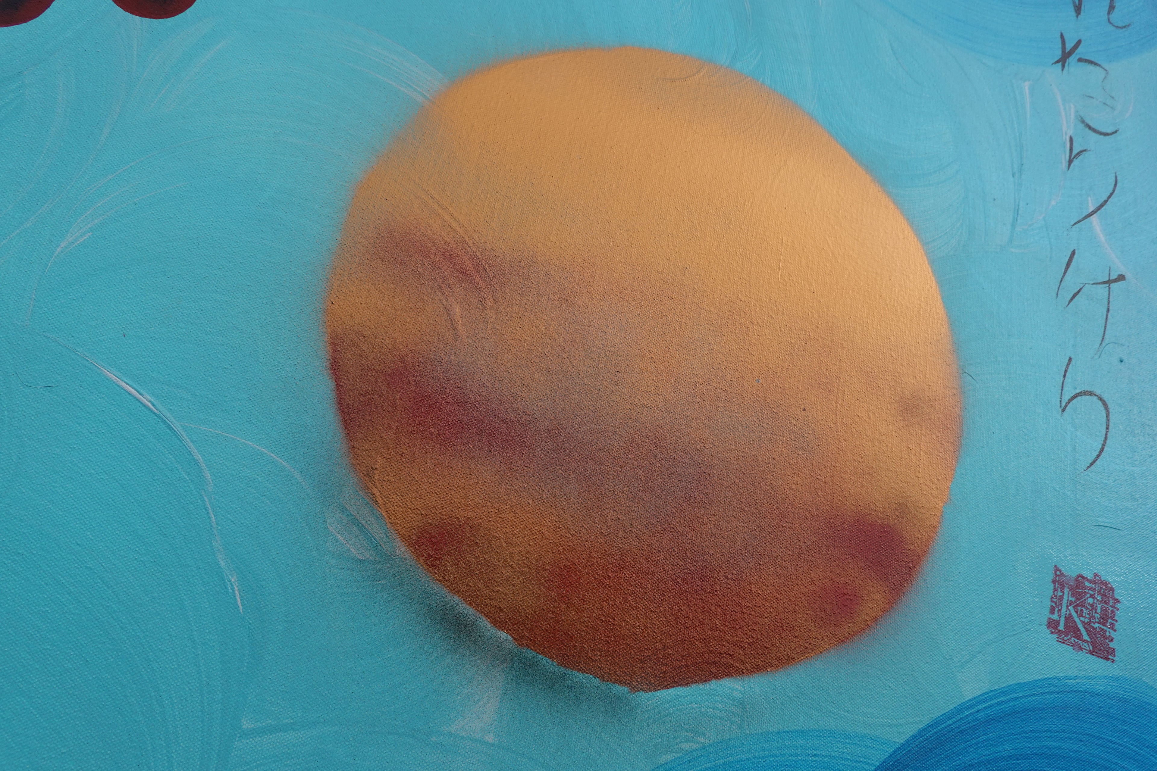 Bird and Sakura J433 is a large Japanese pearlescent turquoise Original Acrylic Painting on unstretched canvas by artist Ksavera.