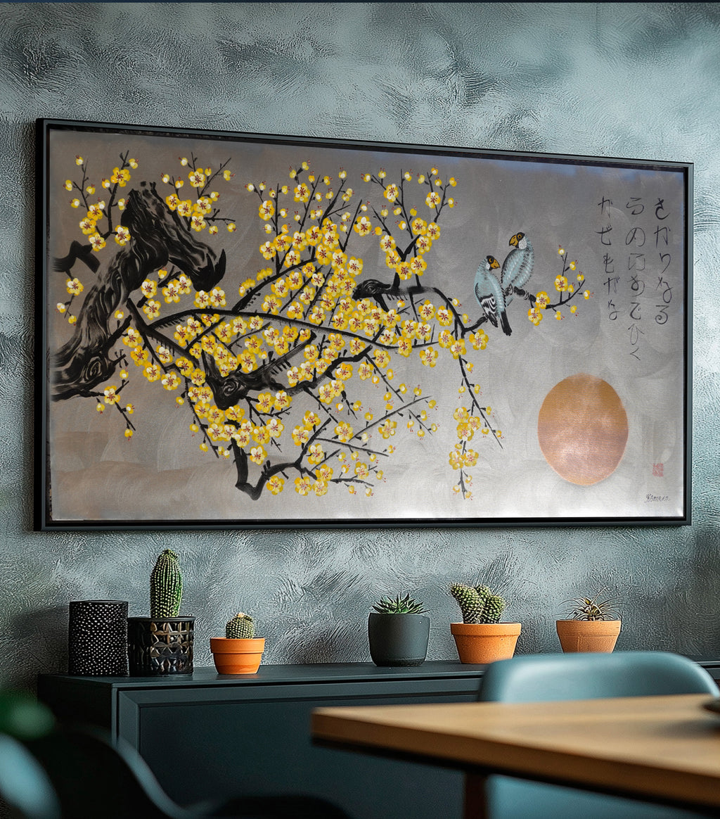 Love Birds and yellow Sakura J438 is a large-scale Japanese-inspired silver painting
Original Acrylic Painting on unstretched canvas by artist Ksavera.