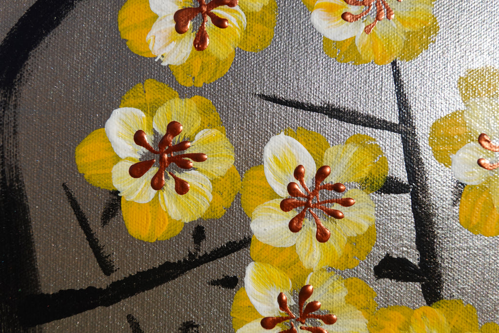 Love Birds and yellow Sakura J438 is a large-scale Japanese-inspired silver painting
Original Acrylic Painting on unstretched canvas by artist Ksavera.