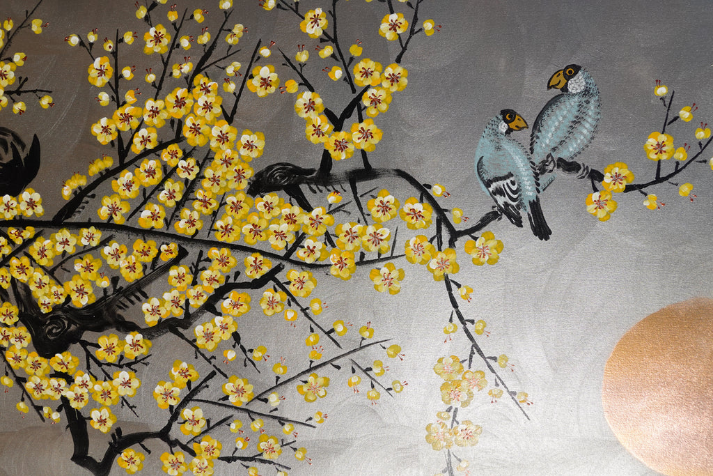 Love Birds and yellow Sakura J438 is a large-scale Japanese-inspired silver painting
Original Acrylic Painting on unstretched canvas by artist Ksavera.