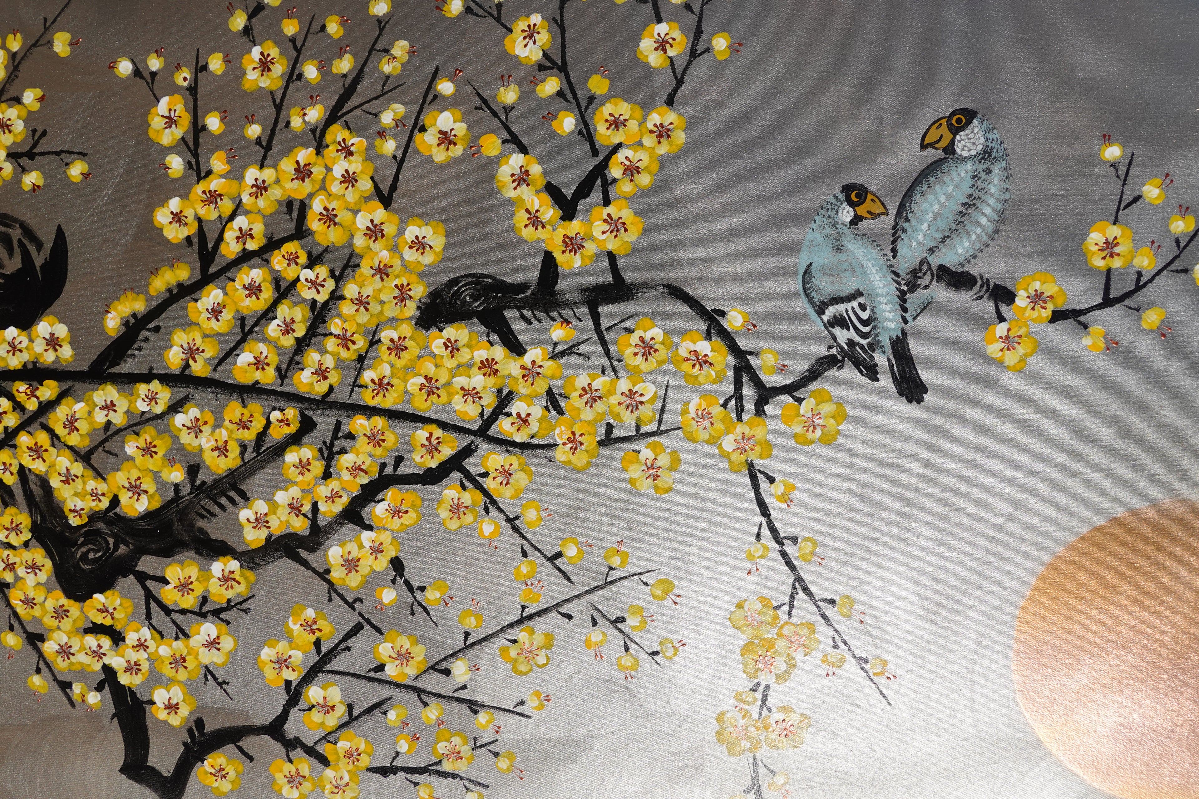 Love Birds and yellow Sakura J438 is a large-scale Japanese-inspired silver painting
Original Acrylic Painting on unstretched canvas by artist Ksavera.