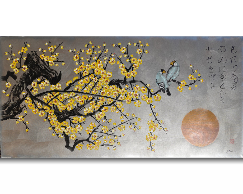 Love Birds and yellow Sakura J438 is a large-scale Japanese-inspired silver painting
Original Acrylic Painting on unstretched canvas by artist Ksavera.