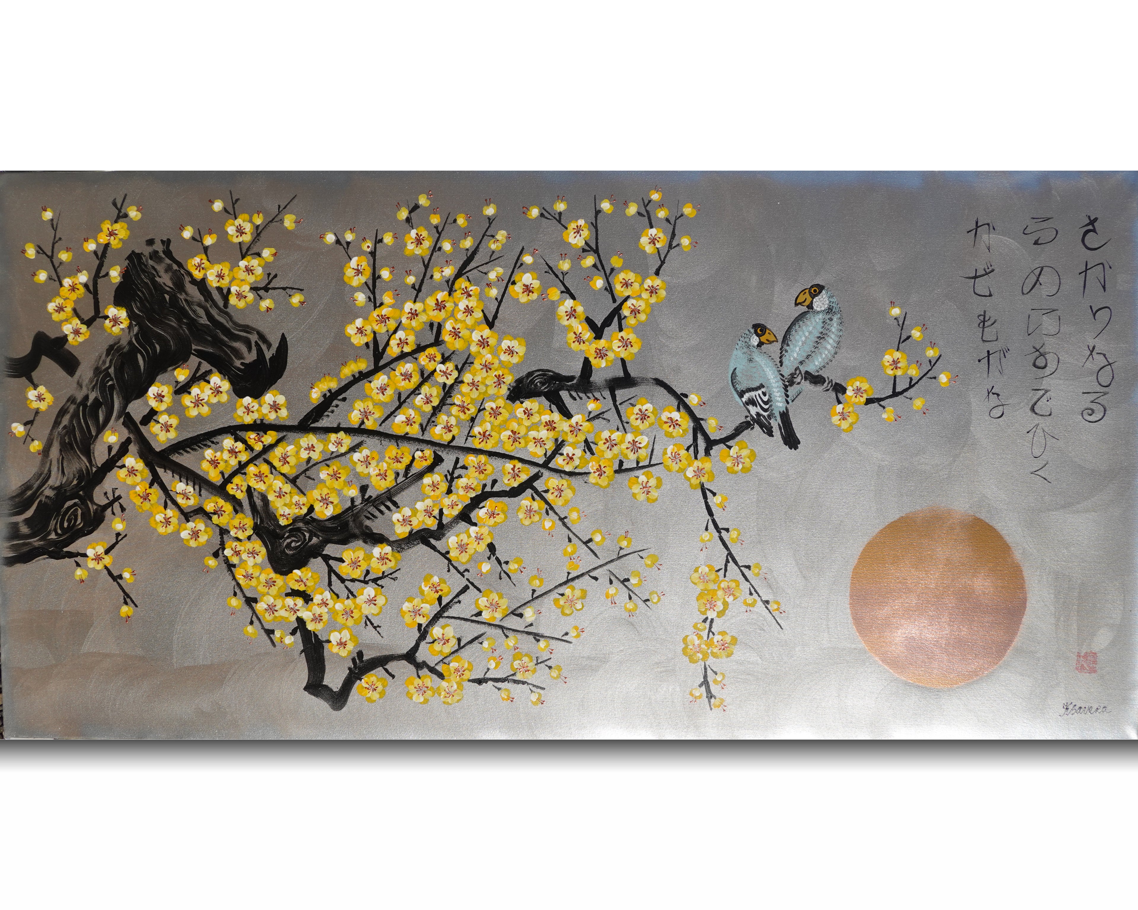 Love Birds and yellow Sakura J438 is a large-scale Japanese-inspired silver painting
Original Acrylic Painting on unstretched canvas by artist Ksavera.