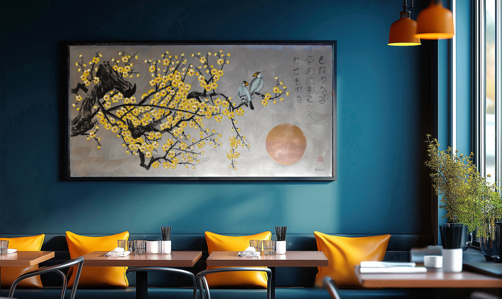 Love Birds and yellow Sakura J438 is a large-scale Japanese-inspired silver painting
Original Acrylic Painting on unstretched canvas by artist Ksavera.