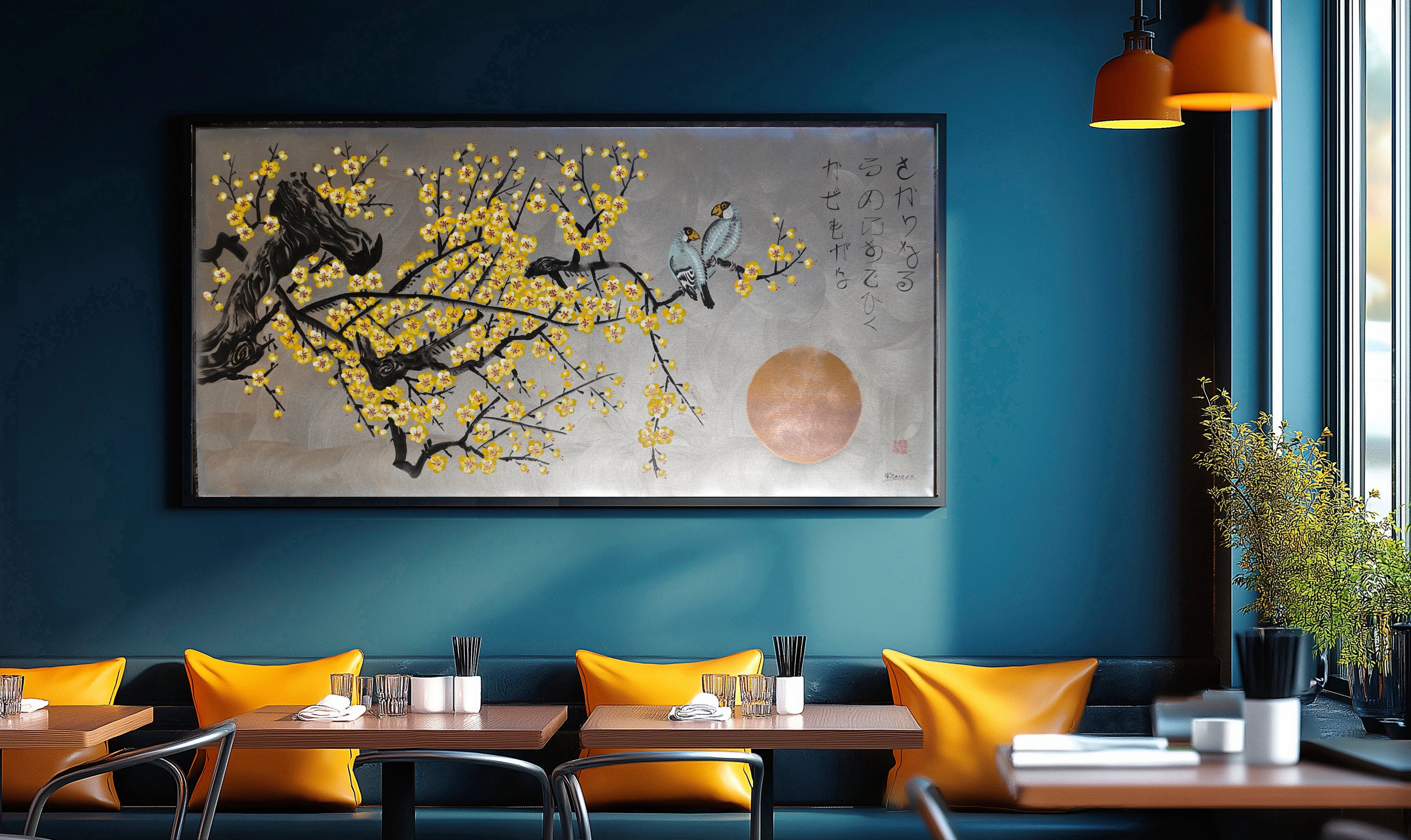 Love Birds and yellow Sakura J438 is a large-scale Japanese-inspired silver painting
Original Acrylic Painting on unstretched canvas by artist Ksavera.