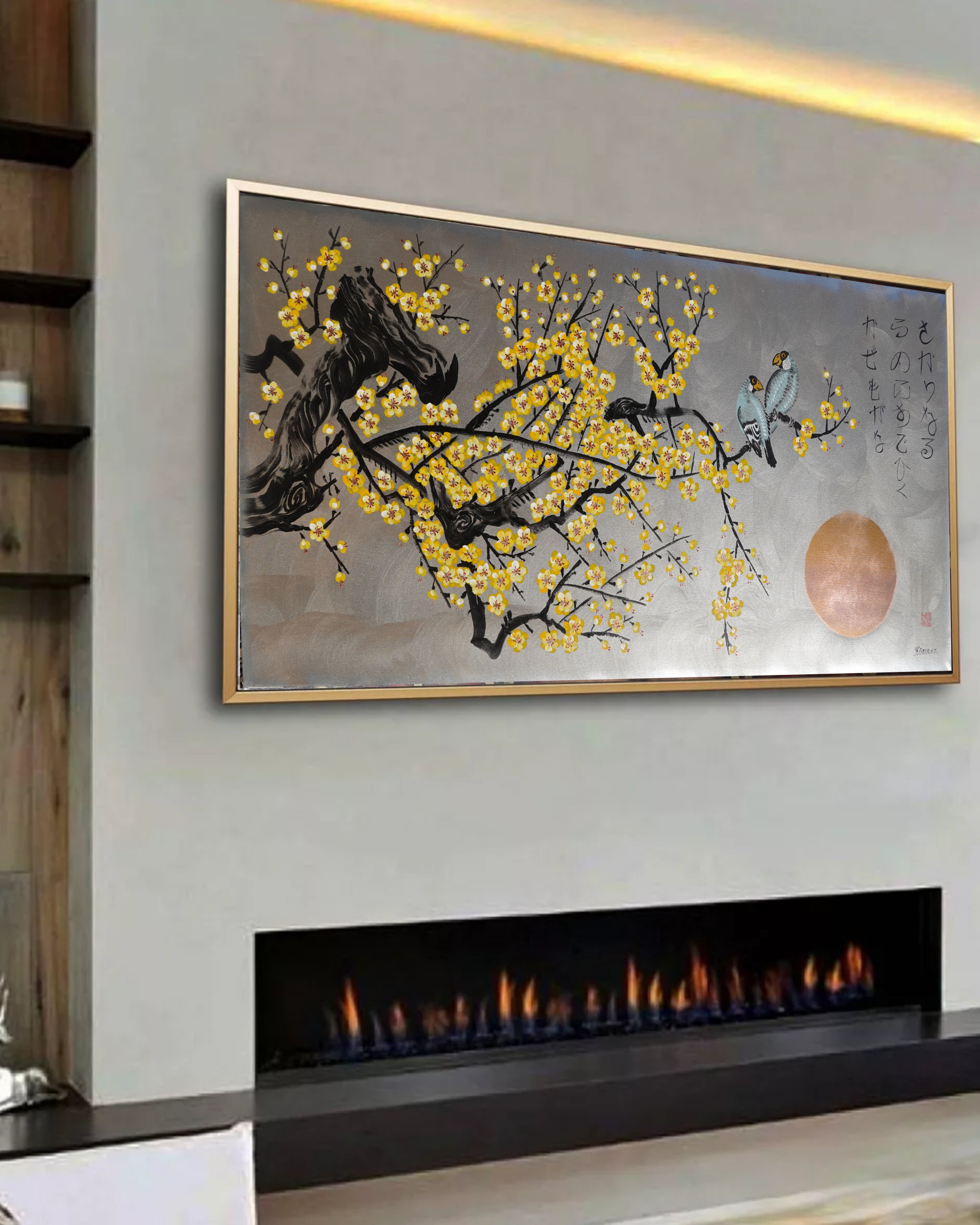 Love Birds and yellow Sakura J438 is a large-scale Japanese-inspired silver painting
Original Acrylic Painting on unstretched canvas by artist Ksavera.