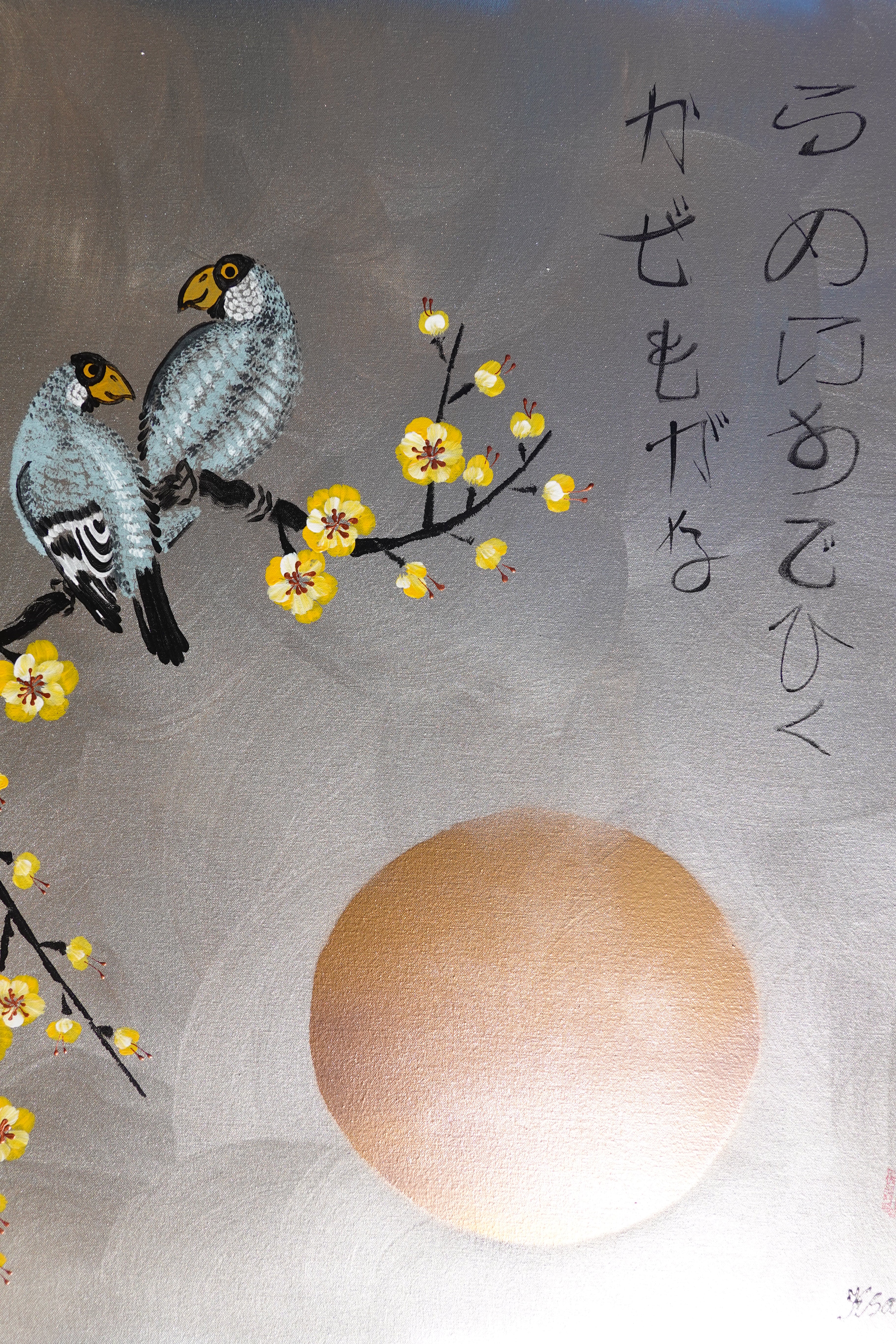 Love Birds and yellow Sakura J438 is a large-scale Japanese-inspired silver painting
Original Acrylic Painting on unstretched canvas by artist Ksavera.