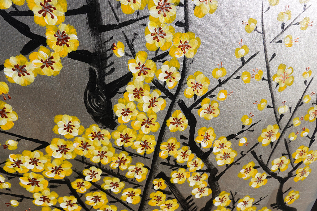 Love Birds and yellow Sakura J438 is a large-scale Japanese-inspired silver painting
Original Acrylic Painting on unstretched canvas by artist Ksavera.