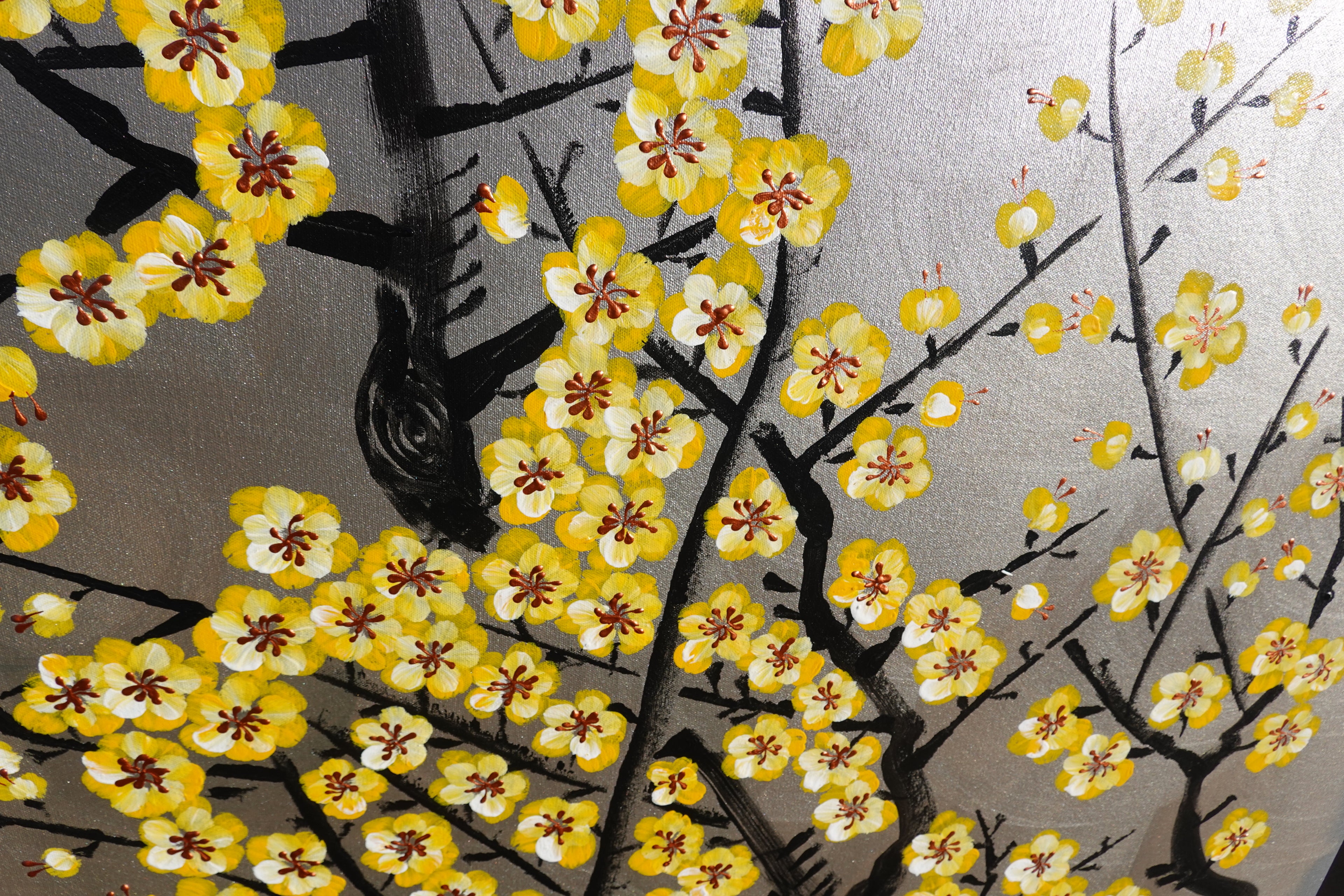 Love Birds and yellow Sakura J438 is a large-scale Japanese-inspired silver painting
Original Acrylic Painting on unstretched canvas by artist Ksavera.