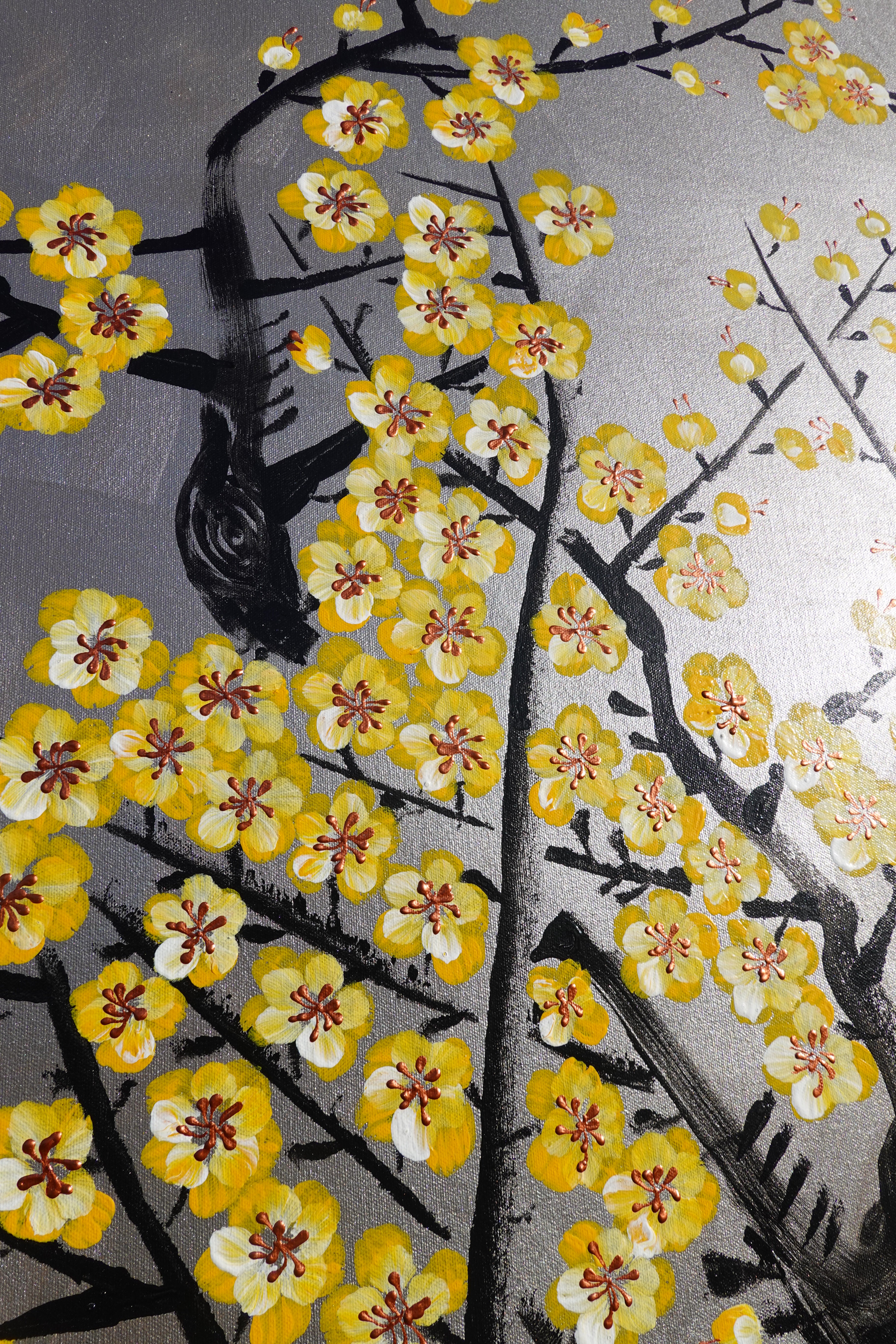 Love Birds and yellow Sakura J438 is a large-scale Japanese-inspired silver painting
Original Acrylic Painting on unstretched canvas by artist Ksavera.