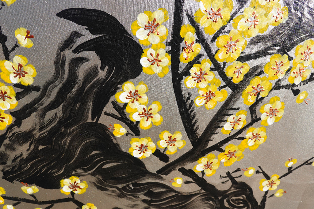 Love Birds and yellow Sakura J438 is a large-scale Japanese-inspired silver painting
Original Acrylic Painting on unstretched canvas by artist Ksavera.