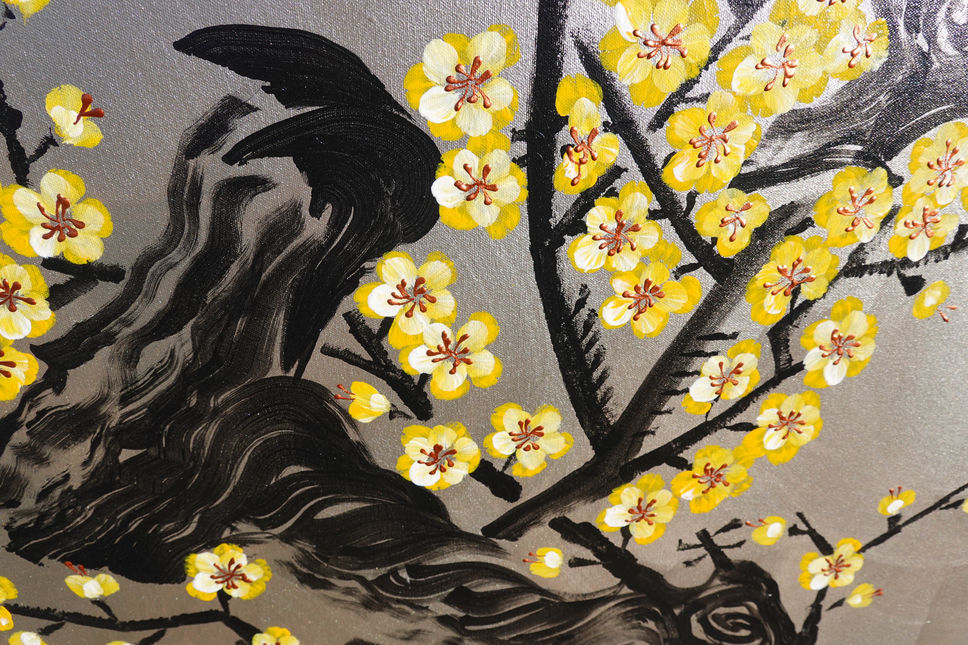 Love Birds and yellow Sakura J438 is a large-scale Japanese-inspired silver painting
Original Acrylic Painting on unstretched canvas by artist Ksavera.