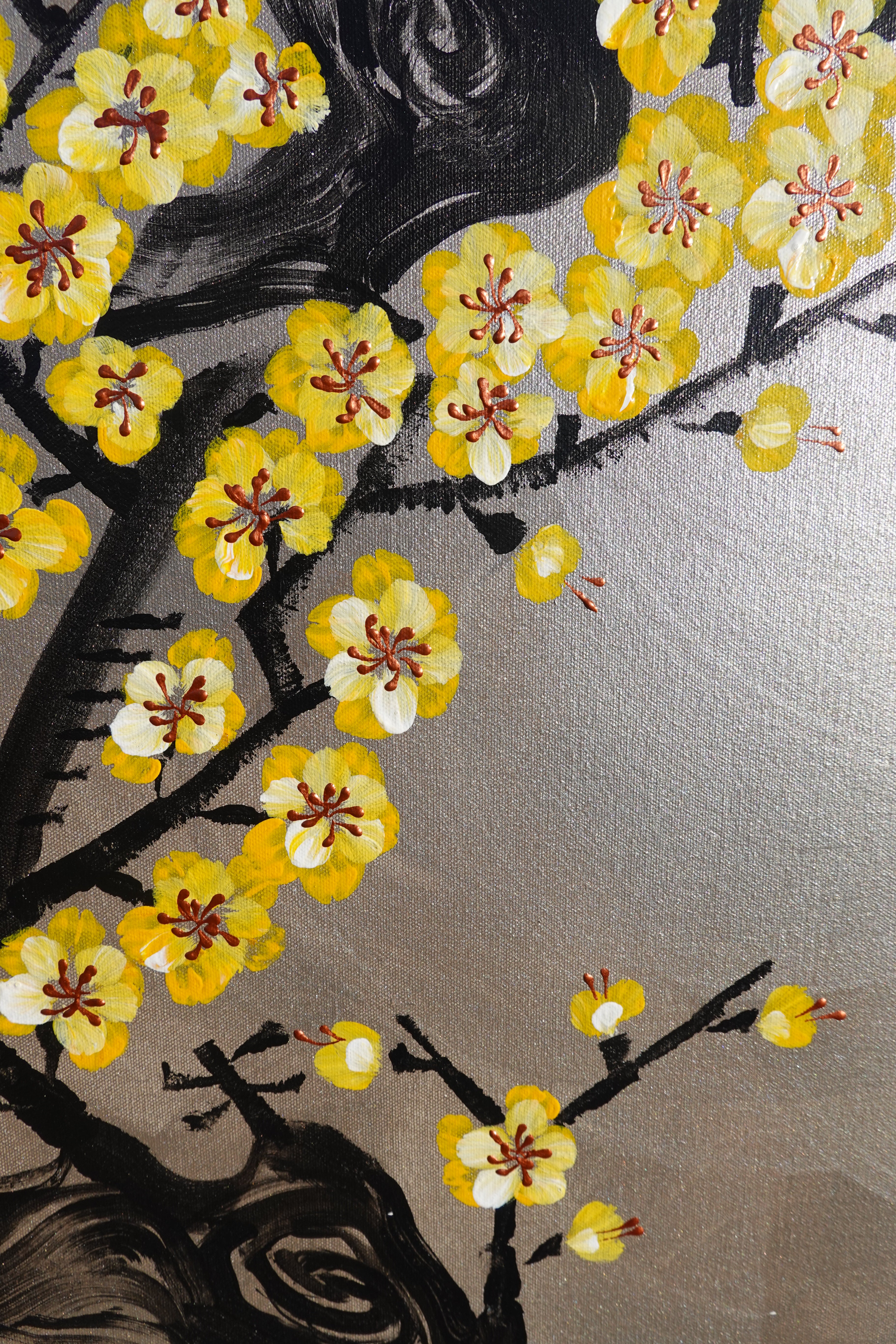 Love Birds and yellow Sakura J438 is a large-scale Japanese-inspired silver painting
Original Acrylic Painting on unstretched canvas by artist Ksavera.