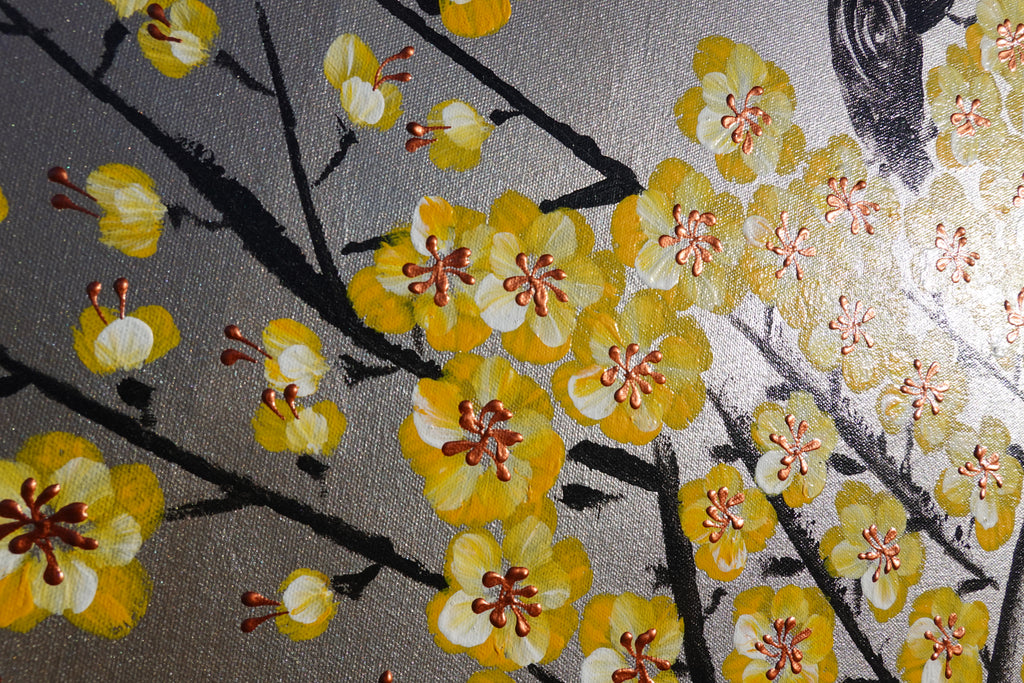 Love Birds and yellow Sakura J438 is a large-scale Japanese-inspired silver painting
Original Acrylic Painting on unstretched canvas by artist Ksavera.