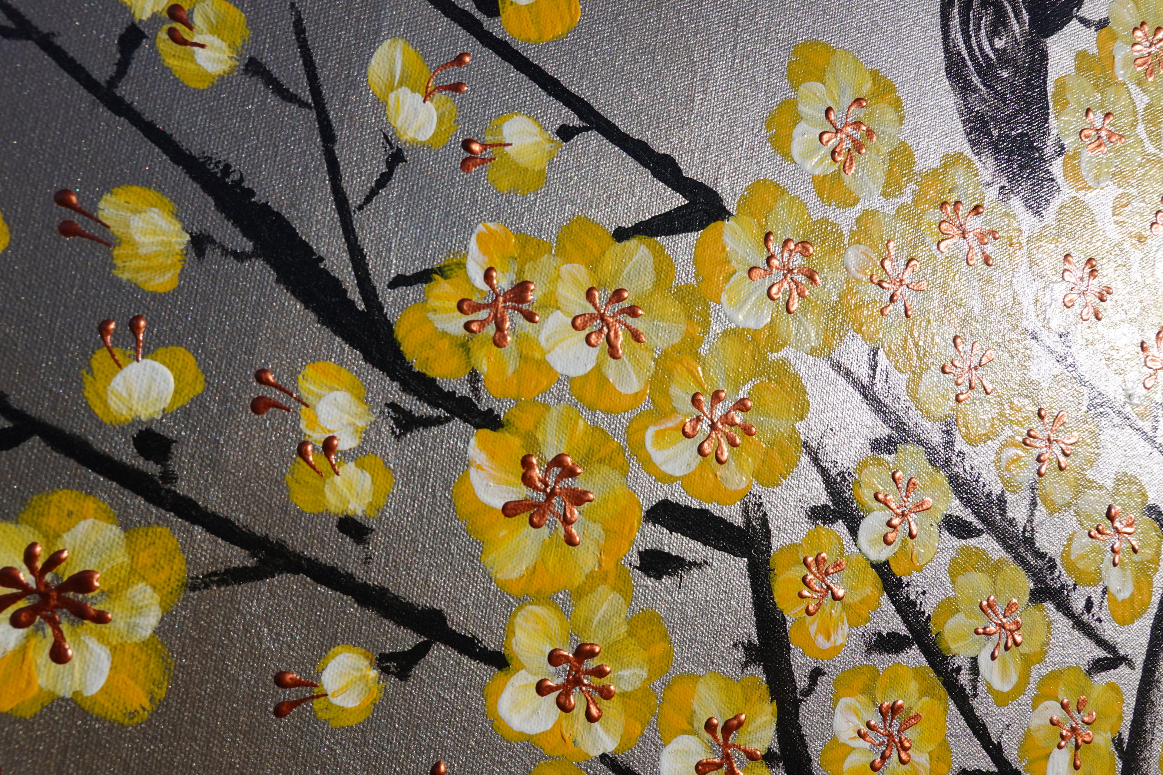Love Birds and yellow Sakura J438 is a large-scale Japanese-inspired silver painting
Original Acrylic Painting on unstretched canvas by artist Ksavera.