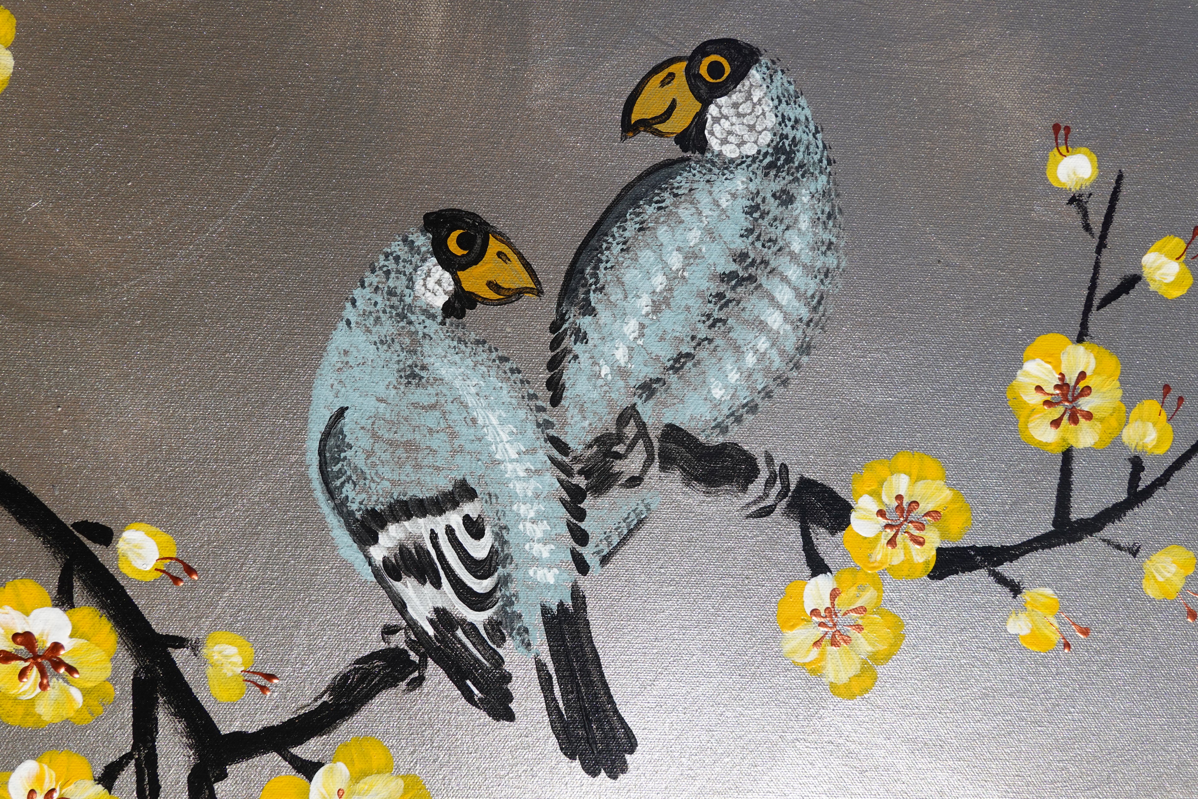 Love Birds and yellow Sakura J438 is a large-scale Japanese-inspired silver painting
Original Acrylic Painting on unstretched canvas by artist Ksavera.