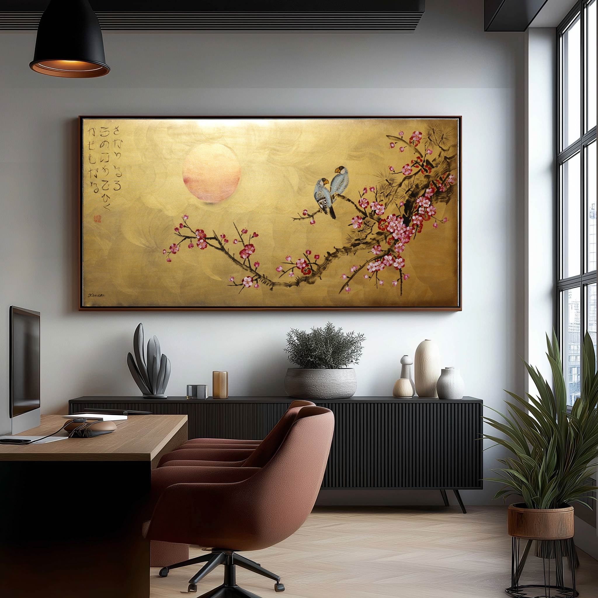 Love Birds and Sakura J440 is a large-scale Japanese-inspired gold painting
Original Acrylic Painting on unstretched canvas by artist Ksavera.