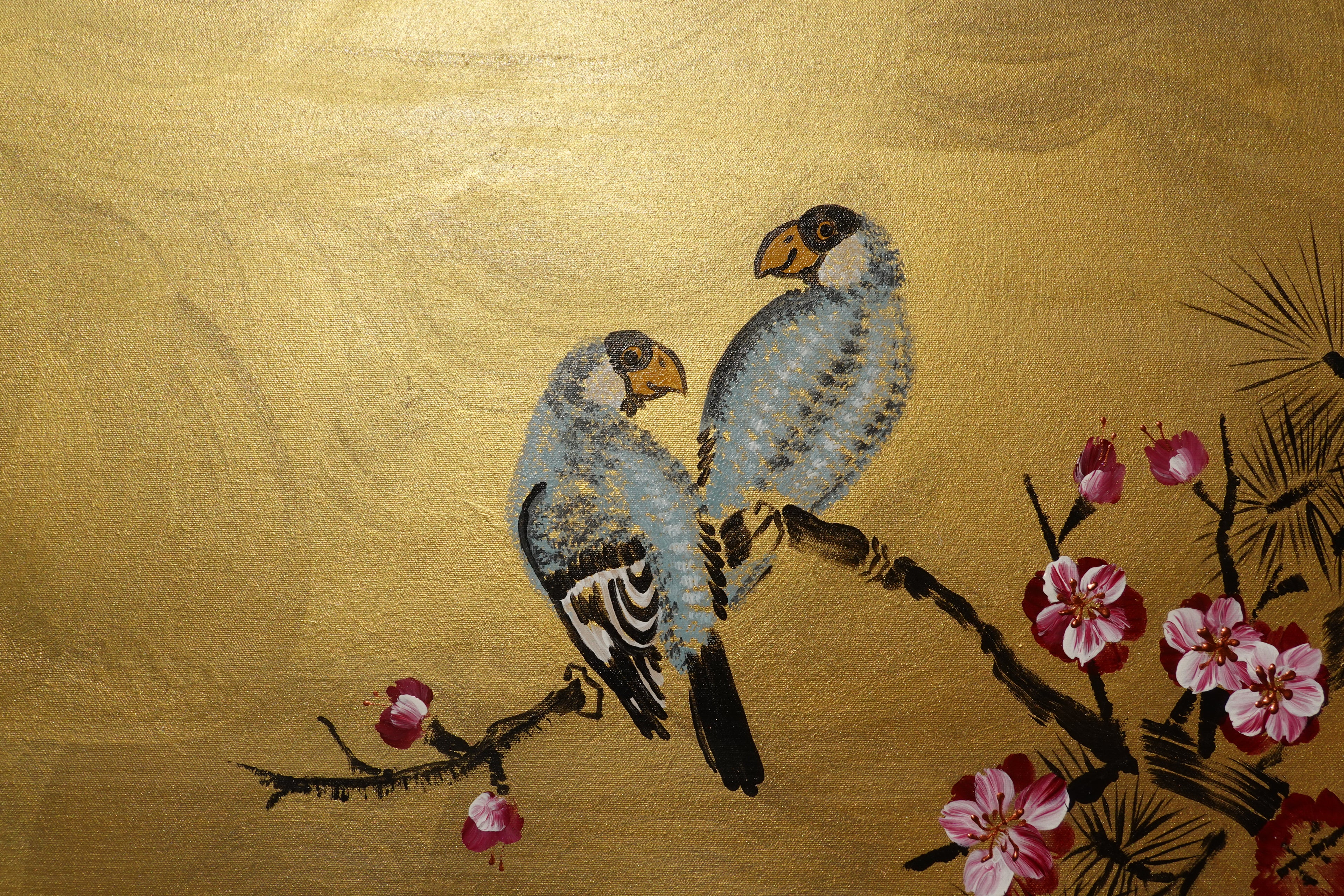 Love Birds and Sakura J440 is a large-scale Japanese-inspired gold painting
Original Acrylic Painting on unstretched canvas by artist Ksavera.