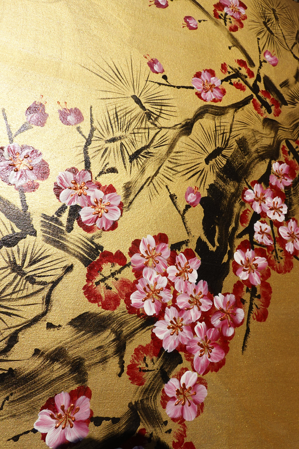 Love Birds and Sakura J440 is a large-scale Japanese-inspired gold painting
Original Acrylic Painting on unstretched canvas by artist Ksavera.