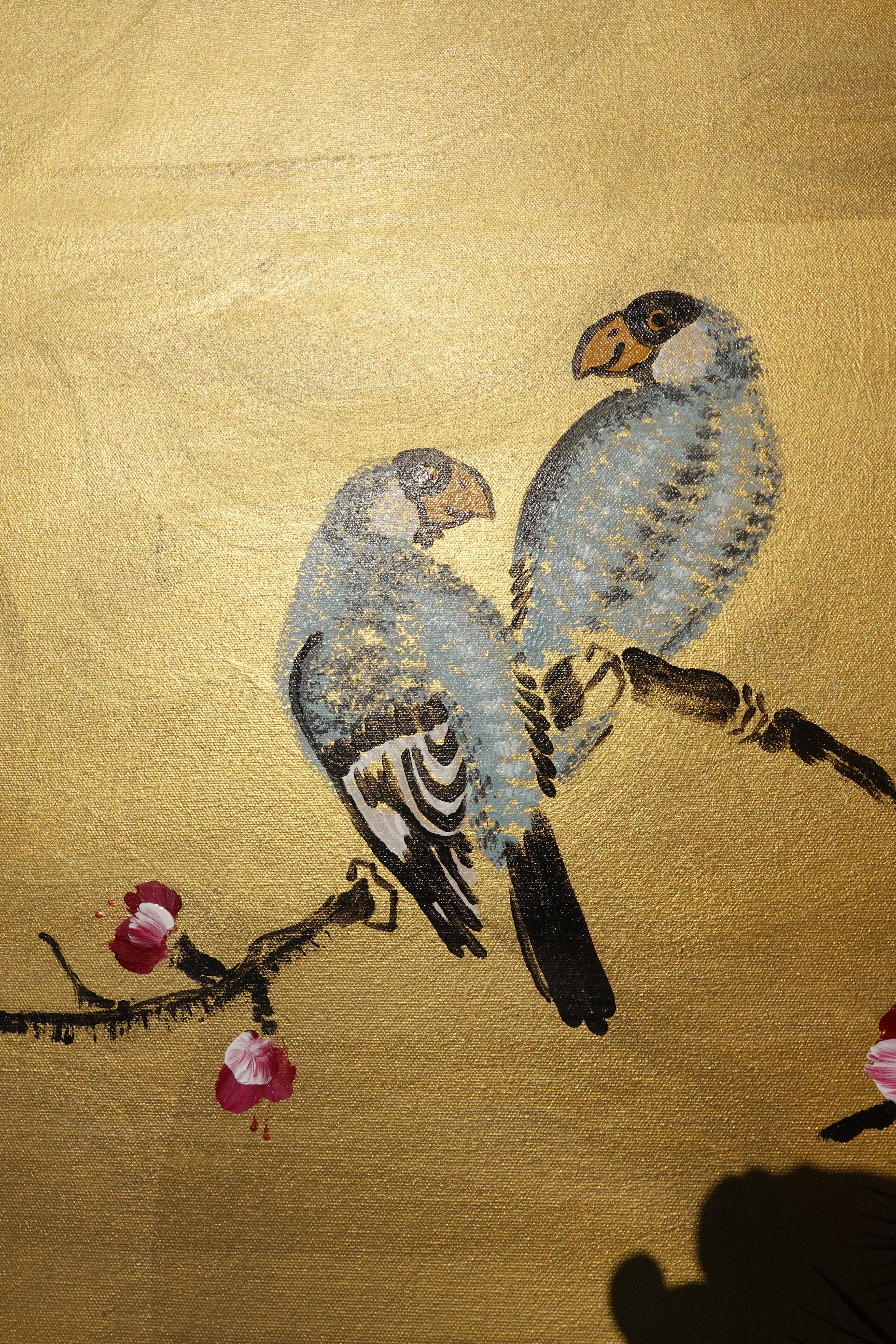 Love Birds and Sakura J440 is a large-scale Japanese-inspired gold painting
Original Acrylic Painting on unstretched canvas by artist Ksavera.