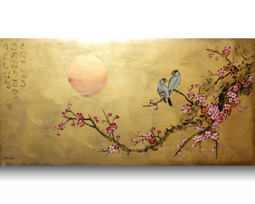 Love Birds and Sakura J440 is a large-scale Japanese-inspired gold painting
Original Acrylic Painting on unstretched canvas by artist Ksavera.