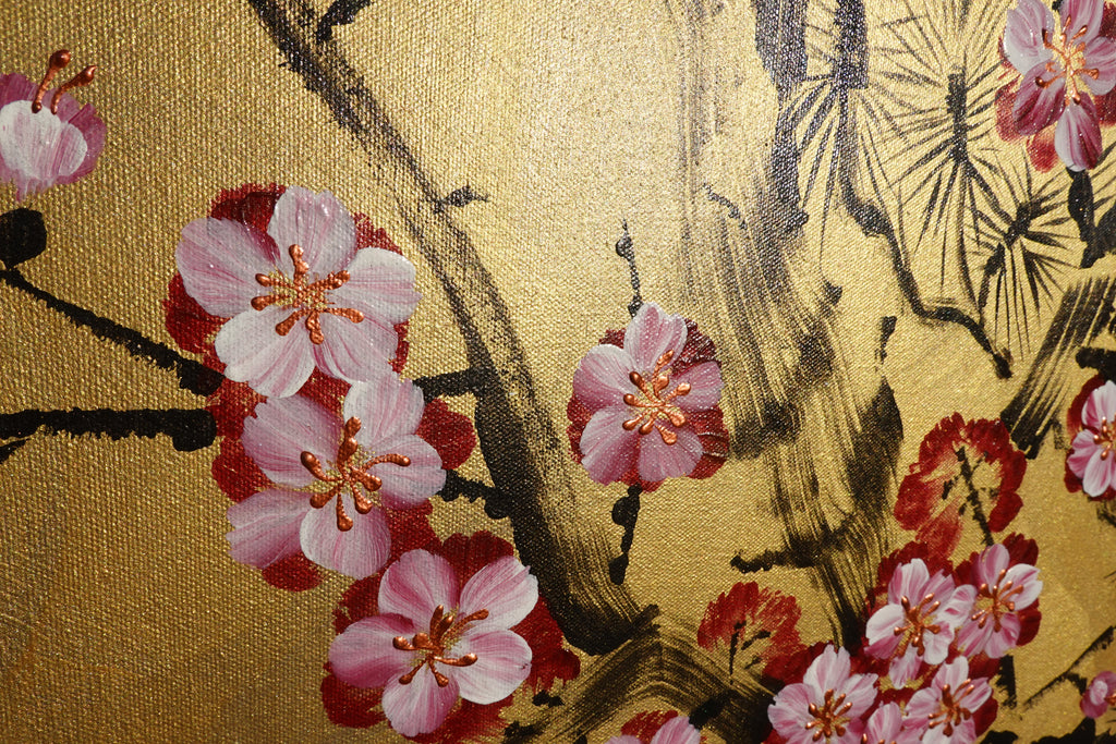 Love Birds and Sakura J440 is a large-scale Japanese-inspired gold painting
Original Acrylic Painting on unstretched canvas by artist Ksavera.