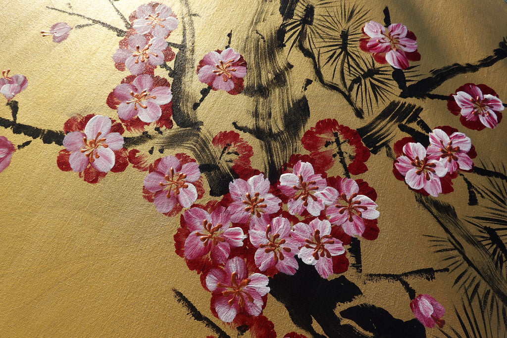 Love Birds and Sakura J440 is a large-scale Japanese-inspired gold painting
Original Acrylic Painting on unstretched canvas by artist Ksavera.