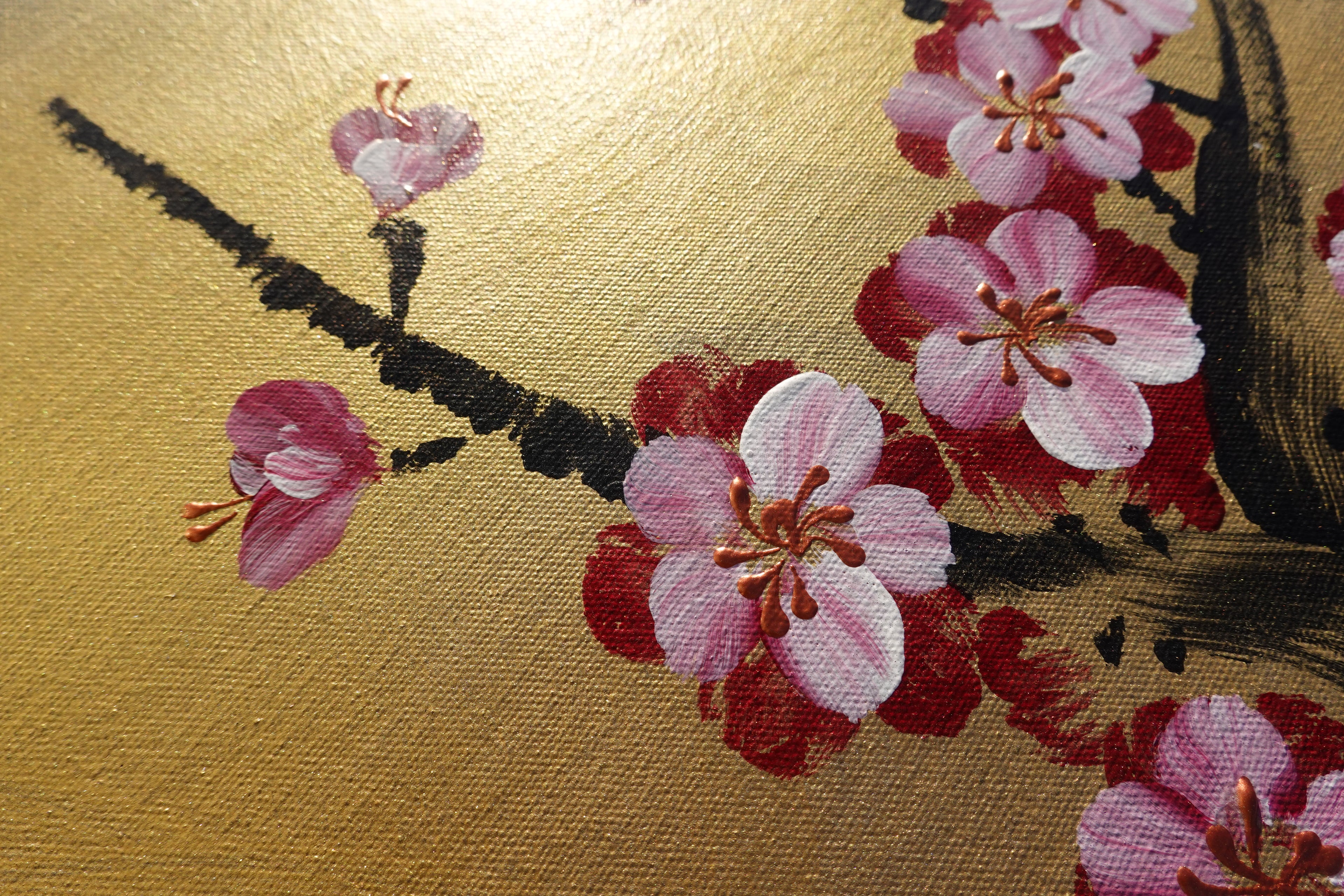 Love Birds and Sakura J440 is a large-scale Japanese-inspired gold painting
Original Acrylic Painting on unstretched canvas by artist Ksavera.