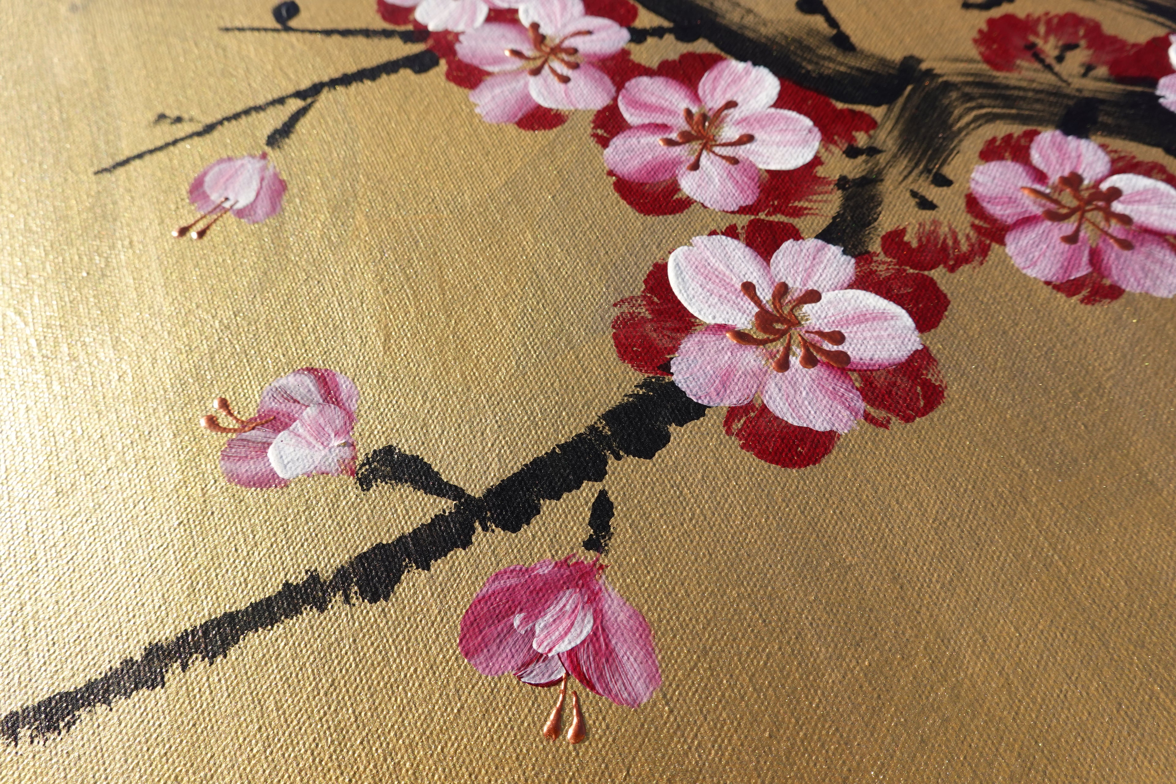 Love Birds and Sakura J440 is a large-scale Japanese-inspired gold painting
Original Acrylic Painting on unstretched canvas by artist Ksavera.