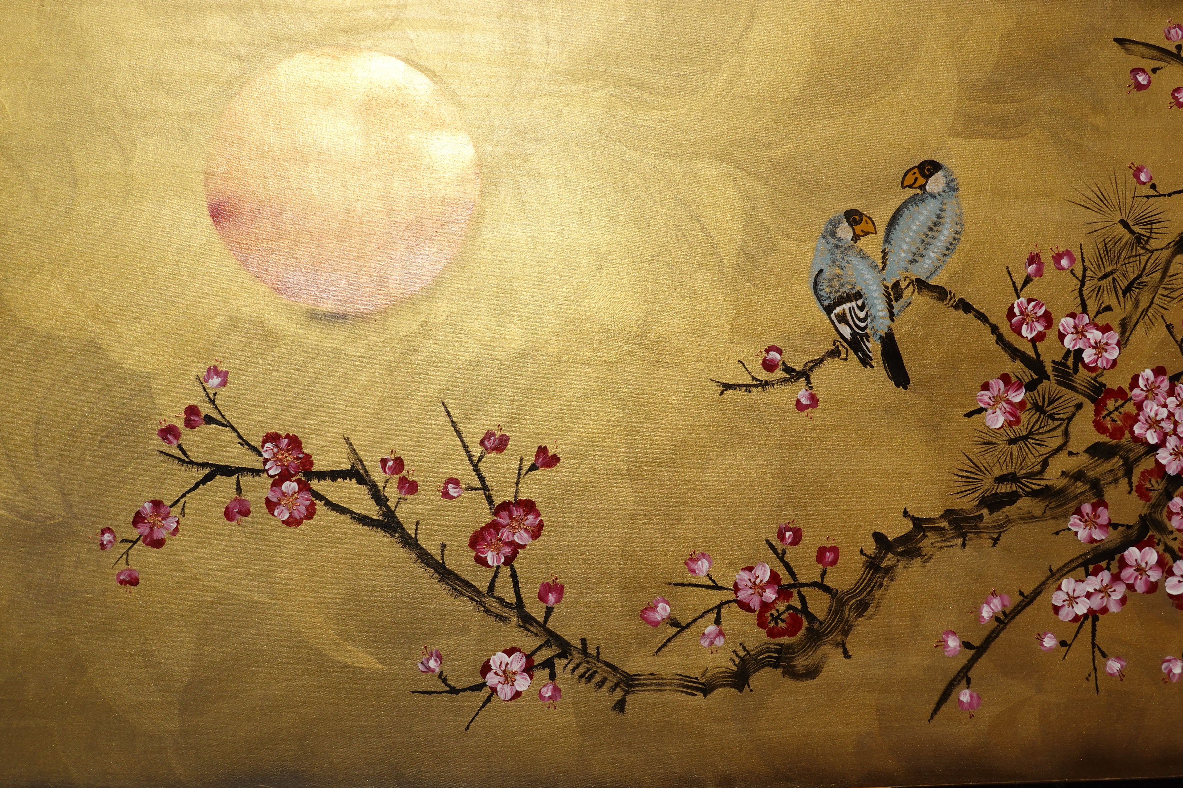 Love Birds and Sakura J440 is a large-scale Japanese-inspired gold painting
Original Acrylic Painting on unstretched canvas by artist Ksavera.