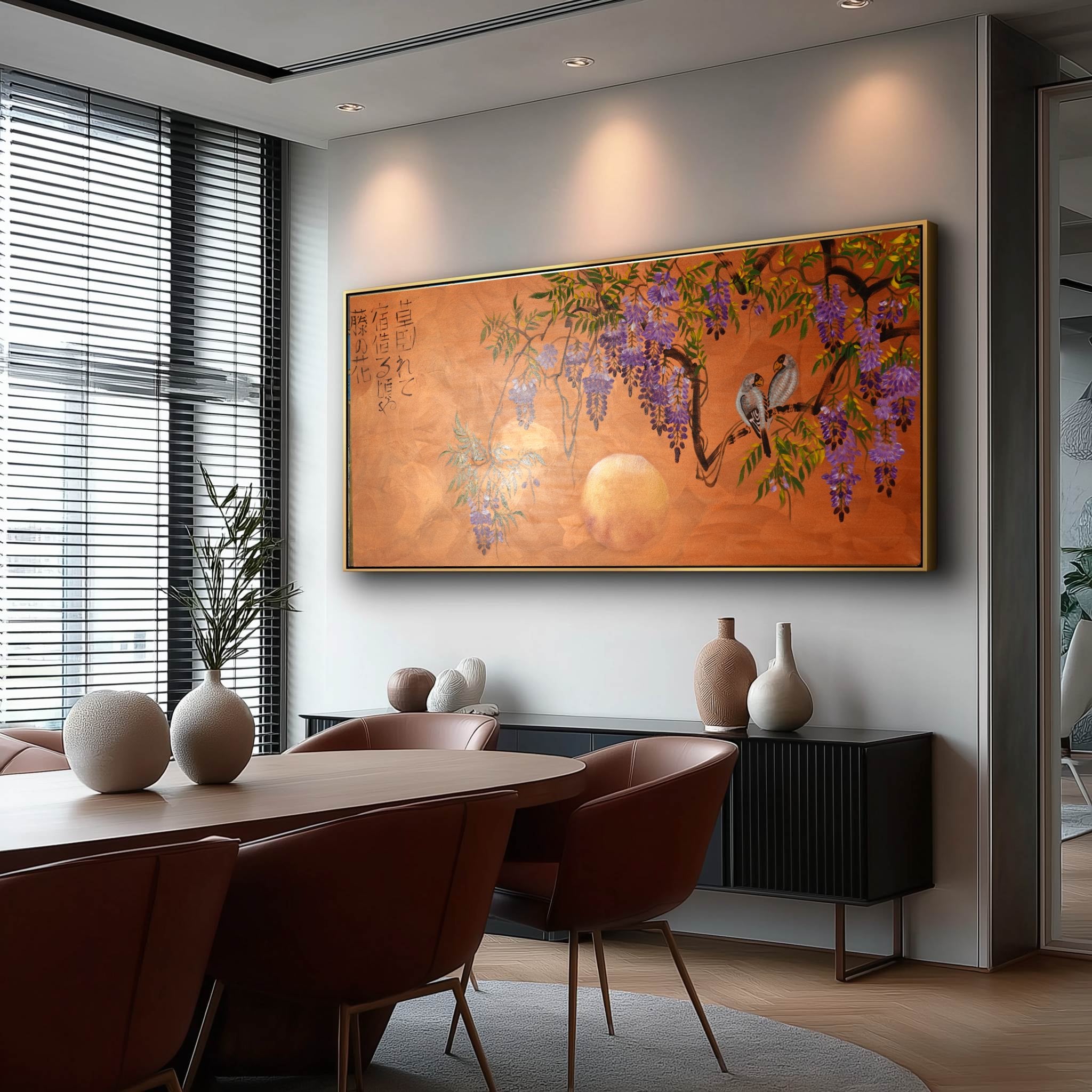 Love Birds and wisteria J443 is a large Japanese copper Original Acrylic Painting on unstretched canvas by artist Ksavera.