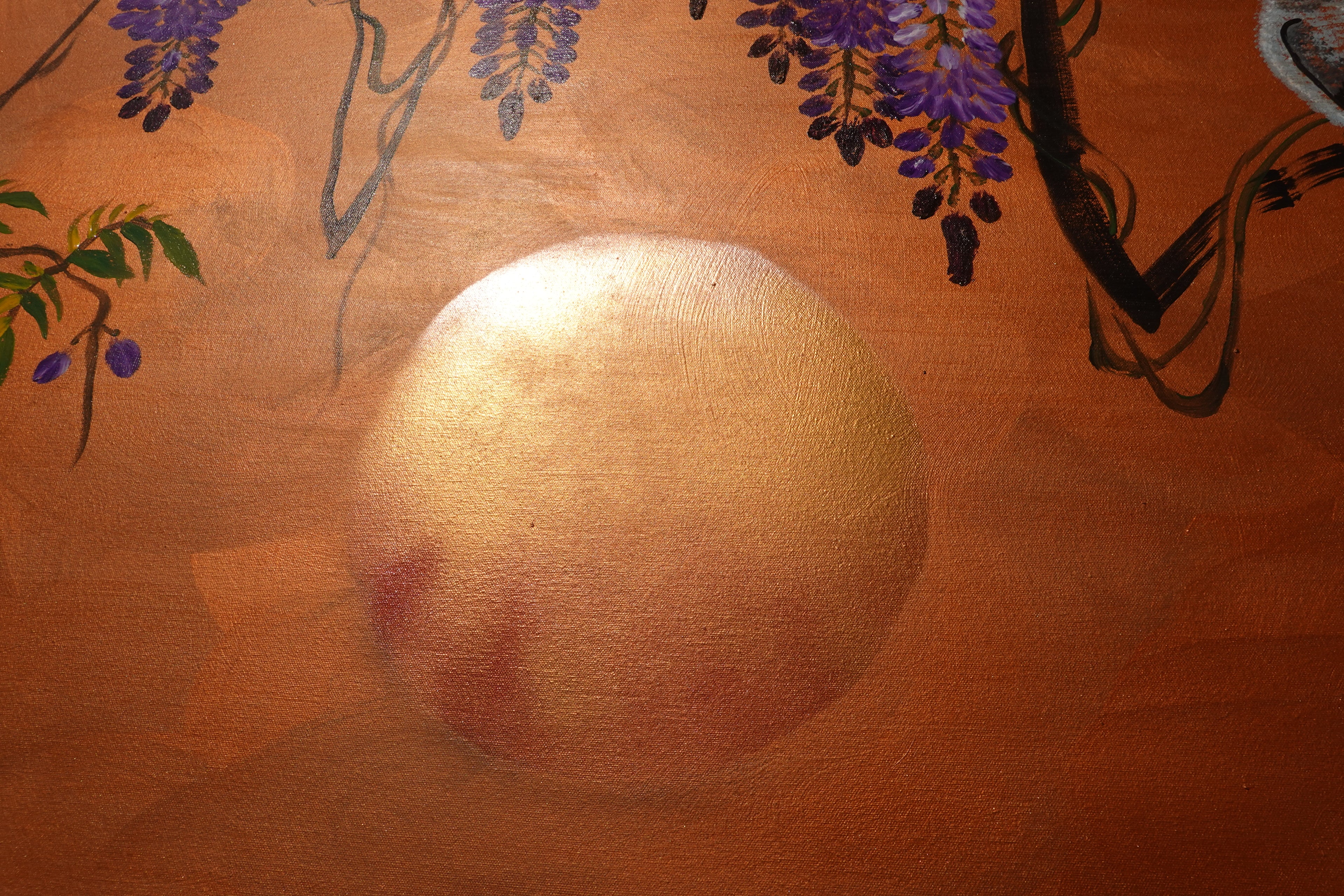 Love Birds and wisteria J443 is a large Japanese copper Original Acrylic Painting on unstretched canvas by artist Ksavera.